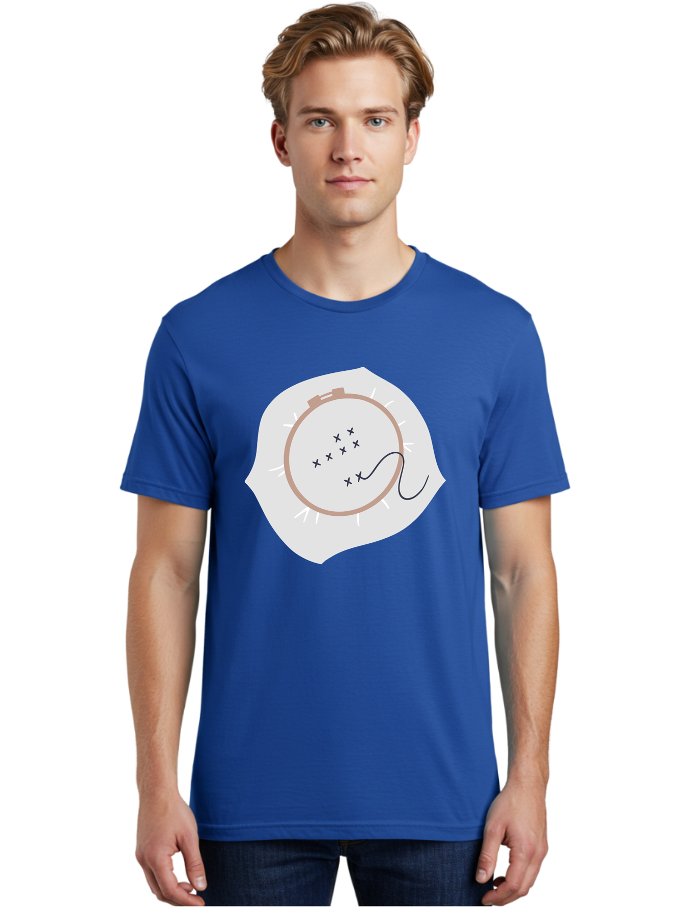 Embroidery-Hoop Men'S Graphic Tee, 100% Cotton, Comfortable Casual Summer Wear, Machine Washable, Embroidery Hoop, Stitching, Needlework, Sewing, Crafting, Diy Project, Handmade, Cross-Stitch Pattern, Thread, Fabric Art Aac027