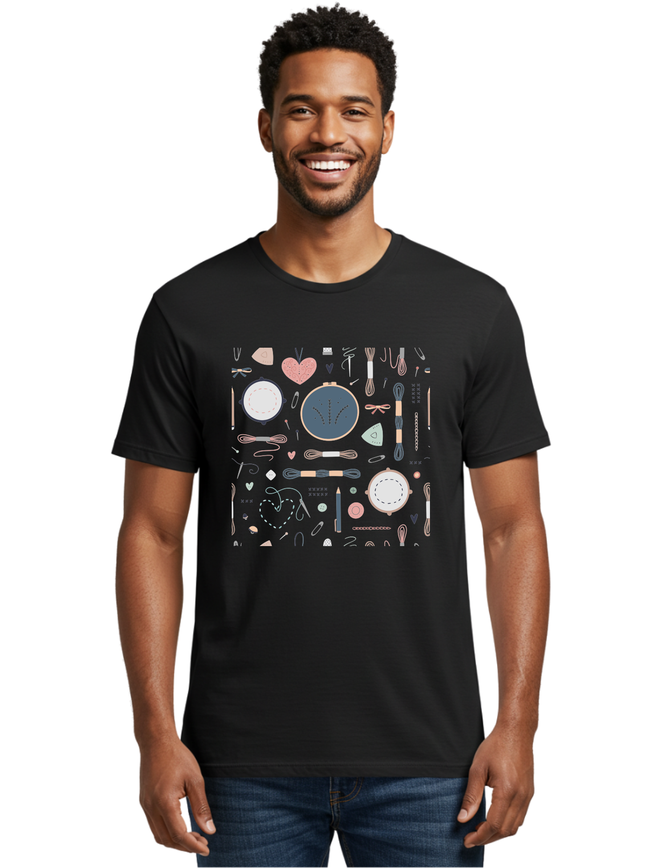 Embroidery-Hoops Men'S Graphic Tee, 100% Cotton, Comfortable Casual Summer Wear, Machine Washable, Sewing Accessories, Crafting Supplies, Thread, Needle, Scissors, Embroidery Hoops, Hearts, Pastel Colors, Stitching, Diy, Handmade, Crafting, Aac028