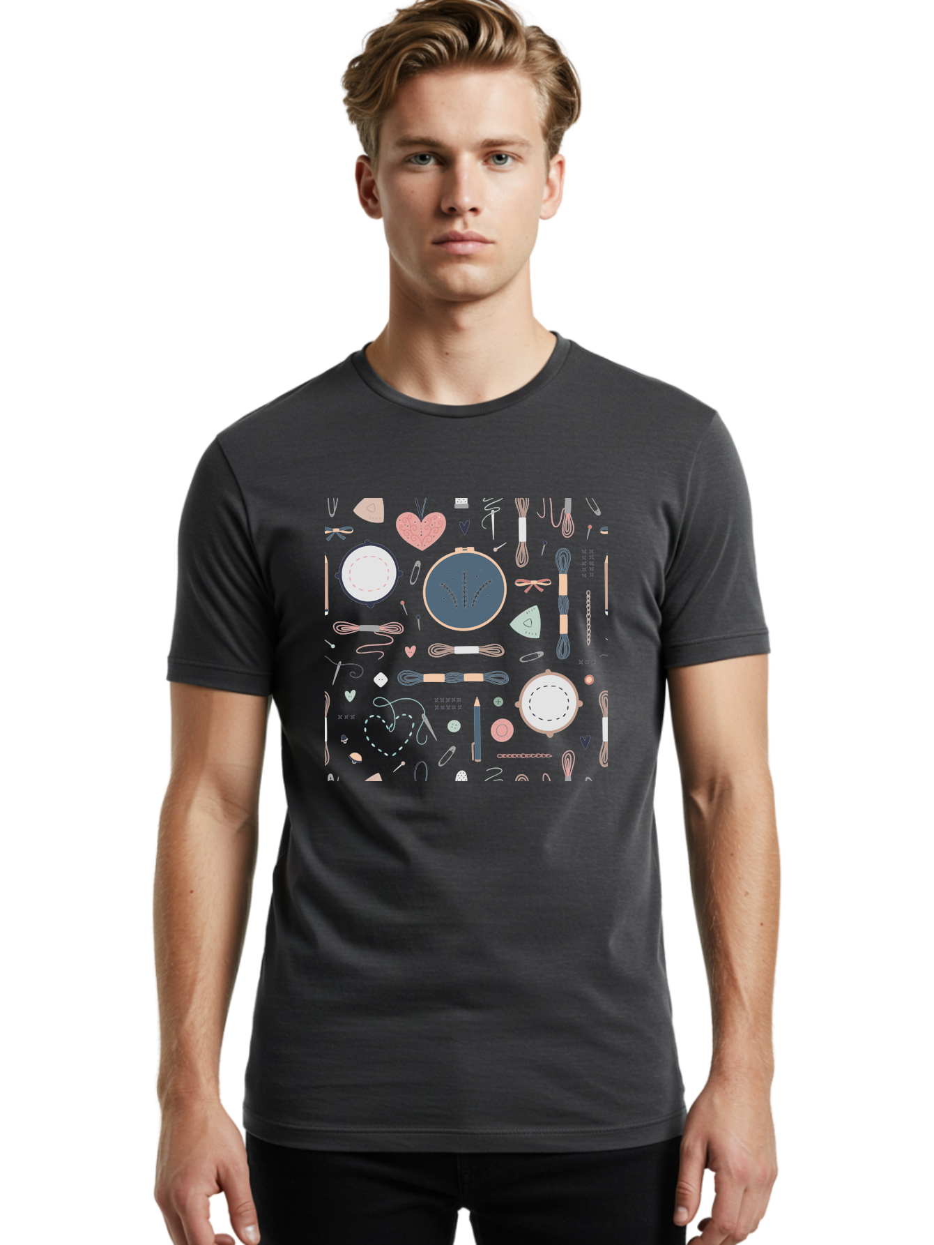 Embroidery-Hoops Men'S Graphic Tee, 100% Cotton, Comfortable Casual Summer Wear, Machine Washable, Sewing Accessories, Crafting Supplies, Thread, Needle, Scissors, Embroidery Hoops, Hearts, Pastel Colors, Stitching, Diy, Handmade, Crafting, Aac028
