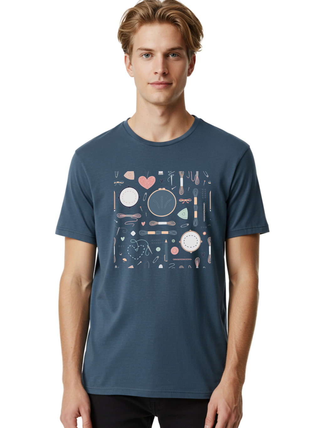Embroidery-Hoops Men'S Graphic Tee, 100% Cotton, Comfortable Casual Summer Wear, Machine Washable, Sewing Accessories, Crafting Supplies, Thread, Needle, Scissors, Embroidery Hoops, Hearts, Pastel Colors, Stitching, Diy, Handmade, Crafting, Aac028