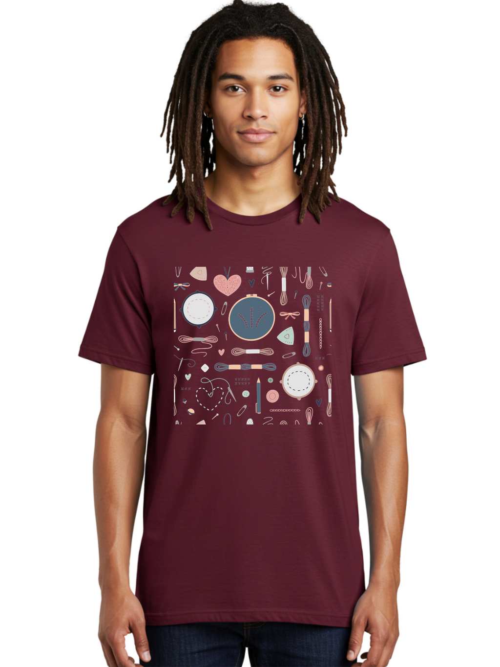 Embroidery-Hoops Men'S Graphic Tee, 100% Cotton, Comfortable Casual Summer Wear, Machine Washable, Sewing Accessories, Crafting Supplies, Thread, Needle, Scissors, Embroidery Hoops, Hearts, Pastel Colors, Stitching, Diy, Handmade, Crafting, Aac028