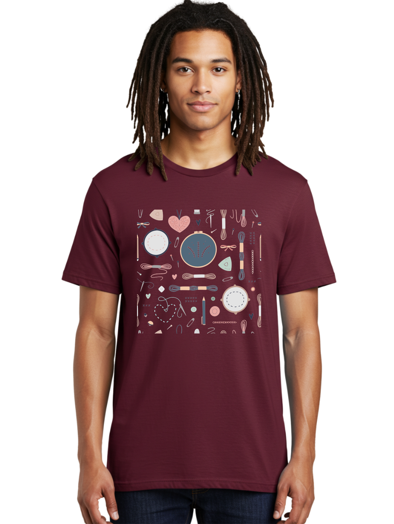 Embroidery-Hoops Men'S Graphic Tee, 100% Cotton, Comfortable Casual Summer Wear, Machine Washable, Sewing Accessories, Crafting Supplies, Thread, Needle, Scissors, Embroidery Hoops, Hearts, Pastel Colors, Stitching, Diy, Handmade, Crafting, Aac028