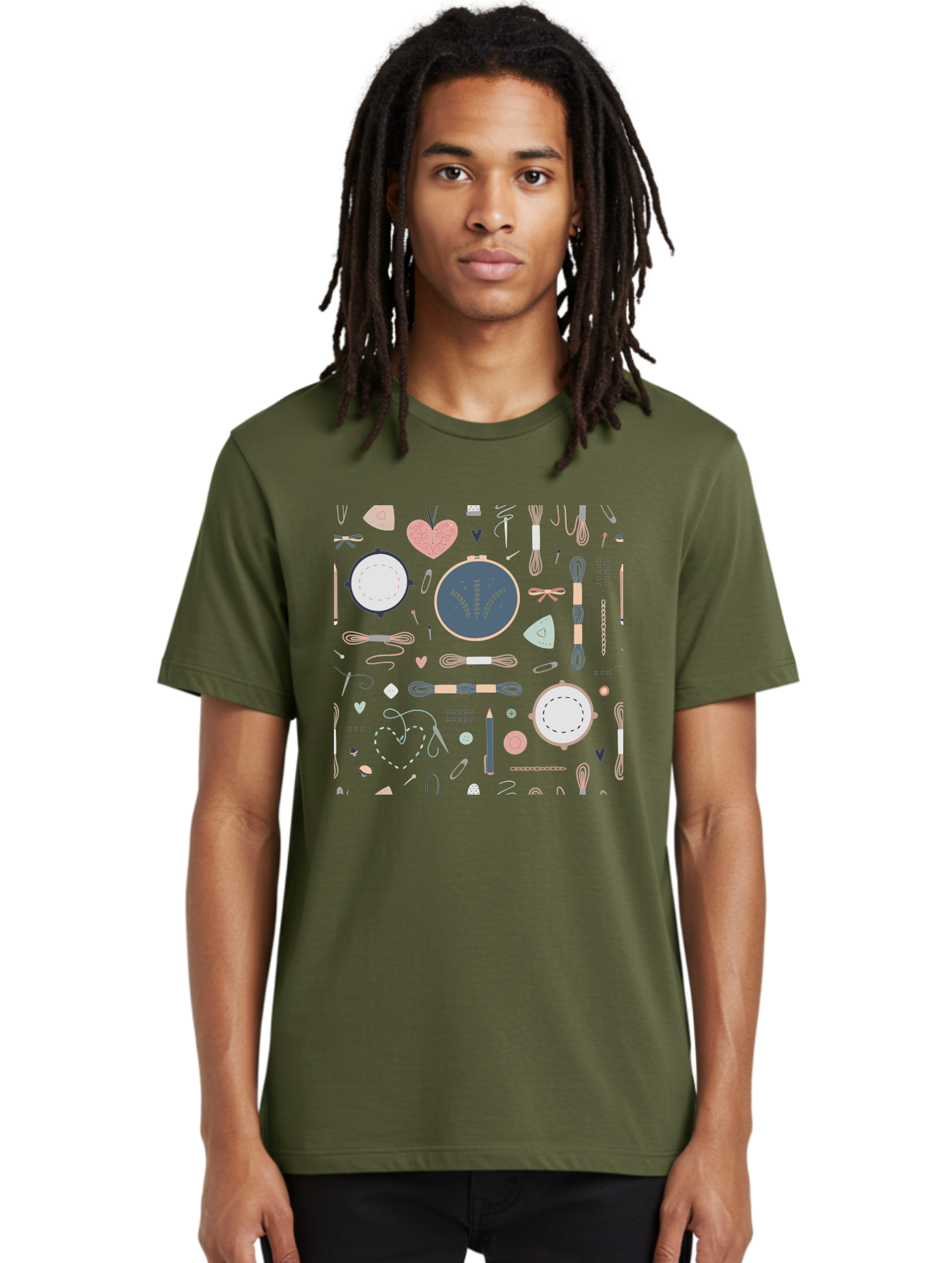 Embroidery-Hoops Men'S Graphic Tee, 100% Cotton, Comfortable Casual Summer Wear, Machine Washable, Sewing Accessories, Crafting Supplies, Thread, Needle, Scissors, Embroidery Hoops, Hearts, Pastel Colors, Stitching, Diy, Handmade, Crafting, Aac028