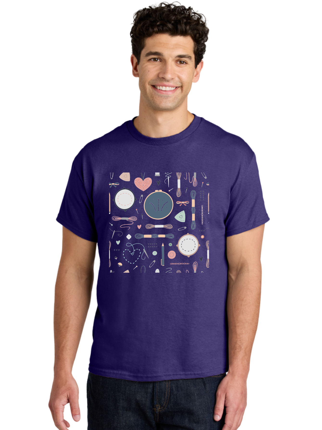 Embroidery-Hoops Men'S Graphic Tee, 100% Cotton, Comfortable Casual Summer Wear, Machine Washable, Sewing Accessories, Crafting Supplies, Thread, Needle, Scissors, Embroidery Hoops, Hearts, Pastel Colors, Stitching, Diy, Handmade, Crafting, Aac028