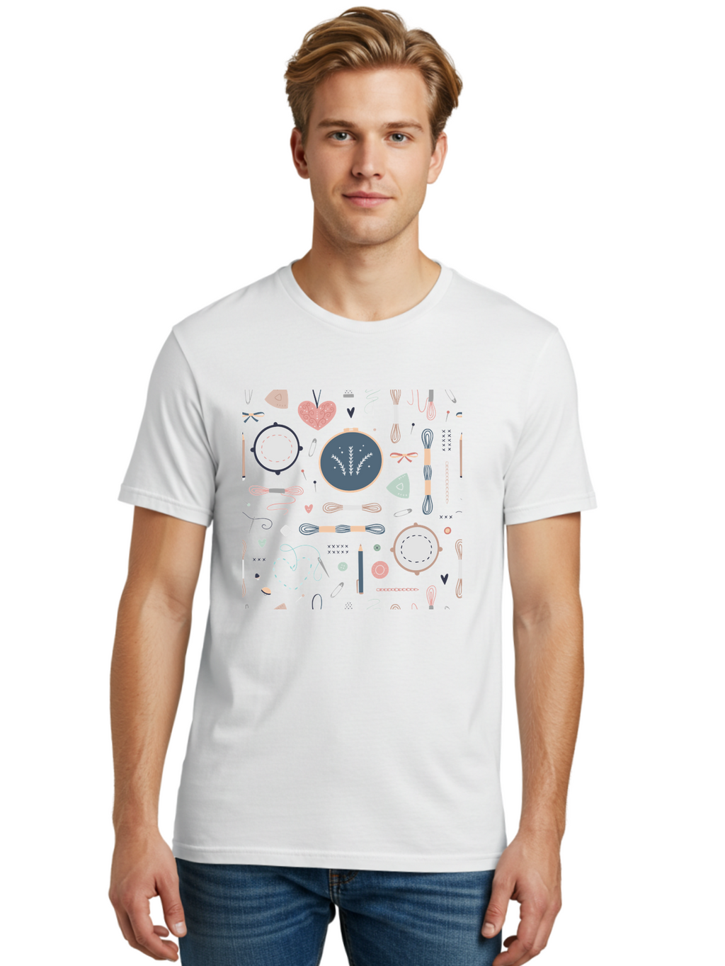 Embroidery-Hoops Men'S Graphic Tee, 100% Cotton, Comfortable Casual Summer Wear, Machine Washable, Sewing Accessories, Crafting Supplies, Thread, Needle, Scissors, Embroidery Hoops, Hearts, Pastel Colors, Stitching, Diy, Handmade, Crafting, Aac028