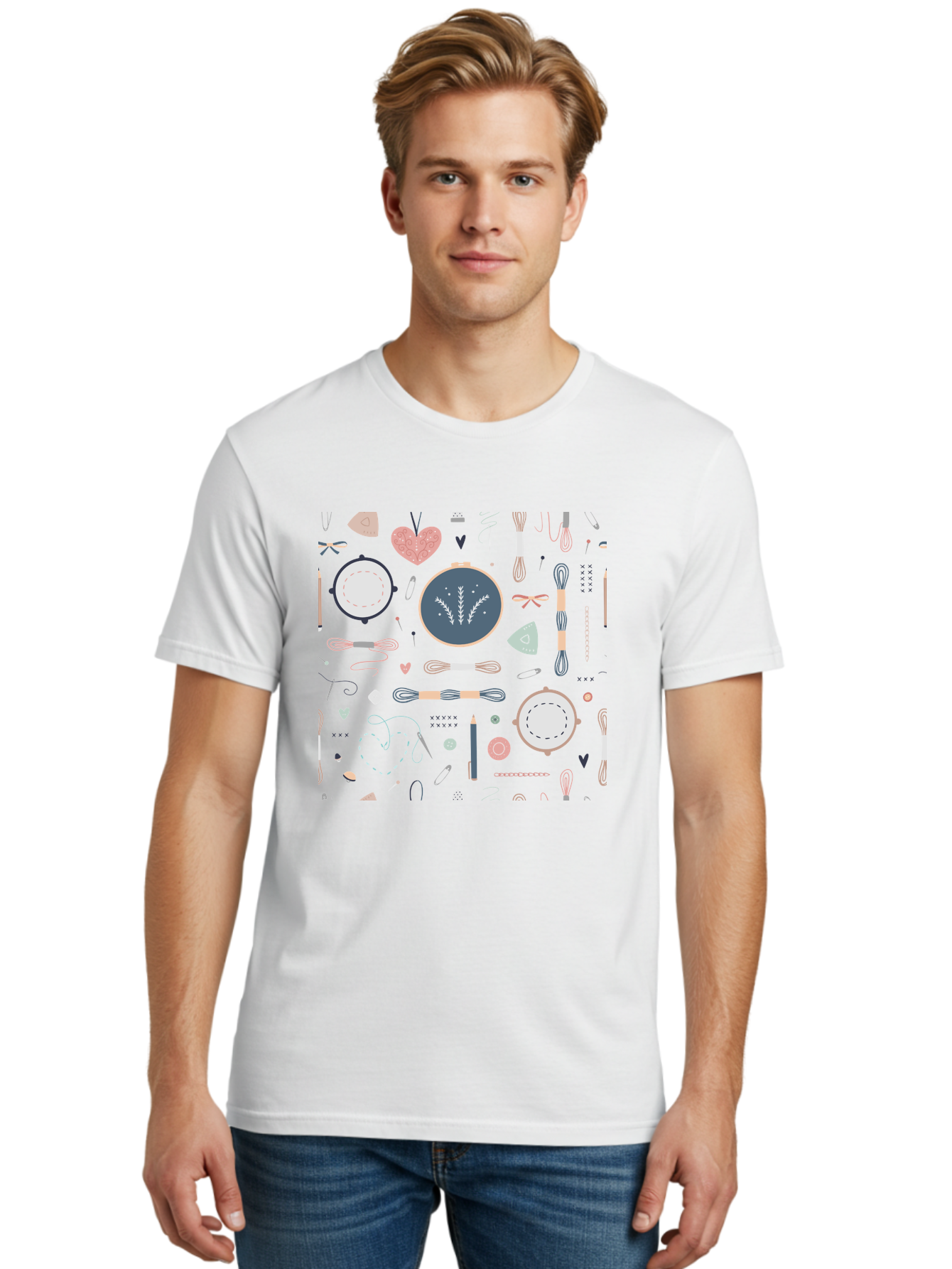 Embroidery-Hoops Men'S Graphic Tee, 100% Cotton, Comfortable Casual Summer Wear, Machine Washable, Sewing Accessories, Crafting Supplies, Thread, Needle, Scissors, Embroidery Hoops, Hearts, Pastel Colors, Stitching, Diy, Handmade, Crafting, Aac028
