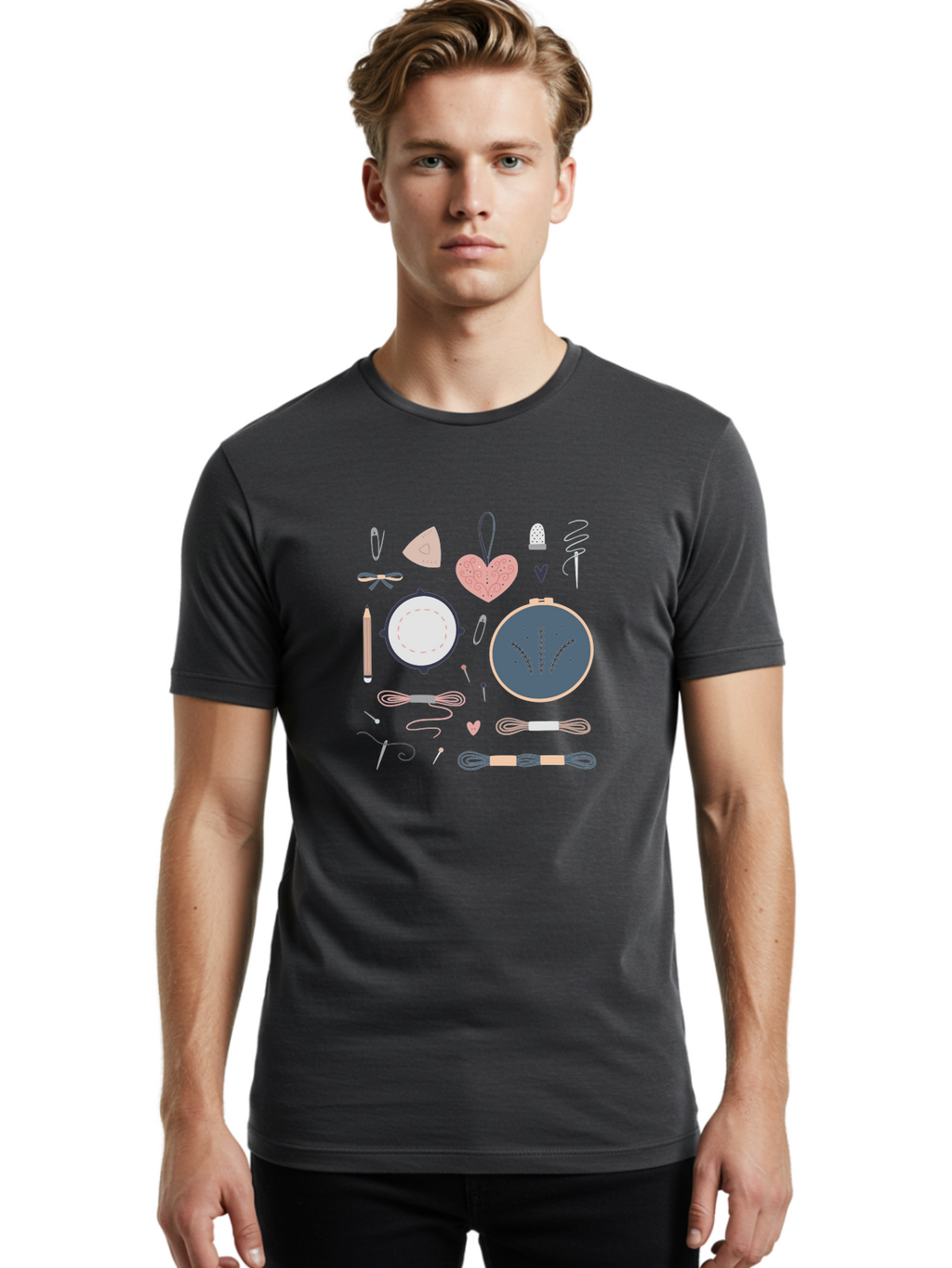 Embroidery-Kit Men'S Graphic Tee, 100% Cotton, Comfortable Casual Summer Wear, Machine Washable, Embroidery Kit, Sewing Supplies, Crafting Tools, Needlework Accessories, Embroidery Hoop, Threads, Needle, Sewing Notions, Craft Embroidery, Aac029