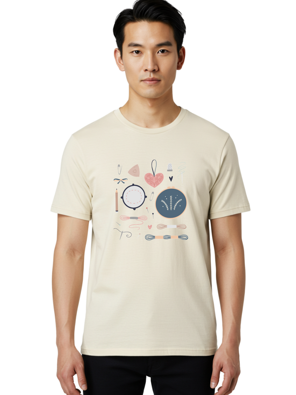 Embroidery-Kit Men'S Graphic Tee, 100% Cotton, Comfortable Casual Summer Wear, Machine Washable, Embroidery Kit, Sewing Supplies, Crafting Tools, Needlework Accessories, Embroidery Hoop, Threads, Needle, Sewing Notions, Craft Embroidery, Aac029