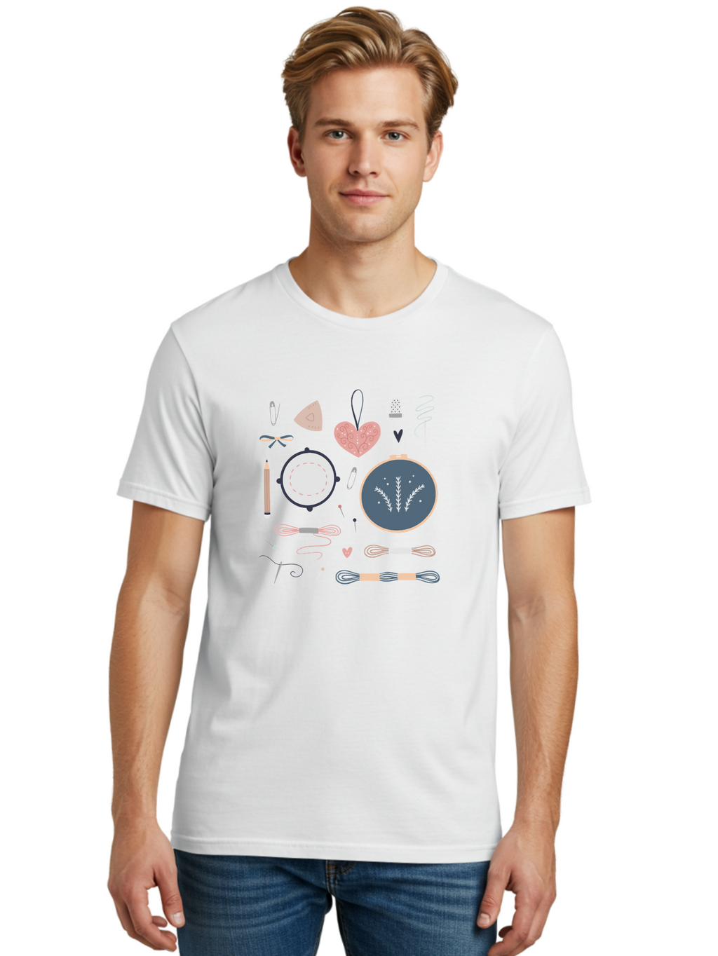 Embroidery-Kit Men'S Graphic Tee, 100% Cotton, Comfortable Casual Summer Wear, Machine Washable, Embroidery Kit, Sewing Supplies, Crafting Tools, Needlework Accessories, Embroidery Hoop, Threads, Needle, Sewing Notions, Craft Embroidery, Aac029
