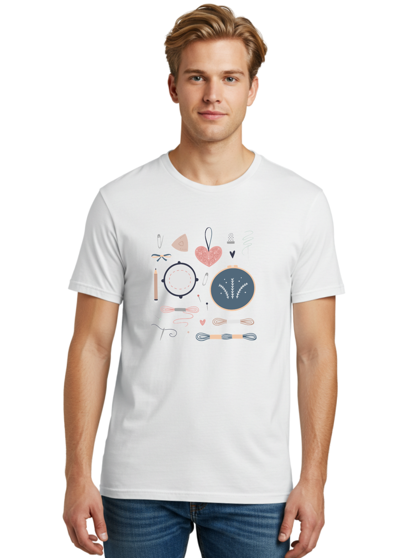 Embroidery-Kit Men'S Graphic Tee, 100% Cotton, Comfortable Casual Summer Wear, Machine Washable, Embroidery Kit, Sewing Supplies, Crafting Tools, Needlework Accessories, Embroidery Hoop, Threads, Needle, Sewing Notions, Craft Embroidery, Aac029