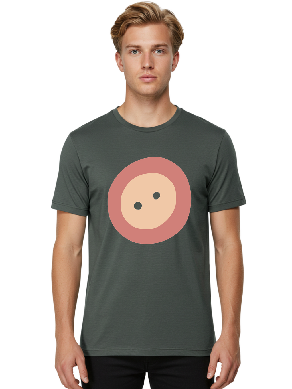 Face-With-Green-Eyes Men'S Graphic Tee, 100% Cotton, Comfortable Casual Summer Wear, Machine Washable, Simple Face, Green Eyes, Beige Skin, Pink Circle, Cartoon Character, Minimalist Design, Abstract Art, Digital Illustration Aac030