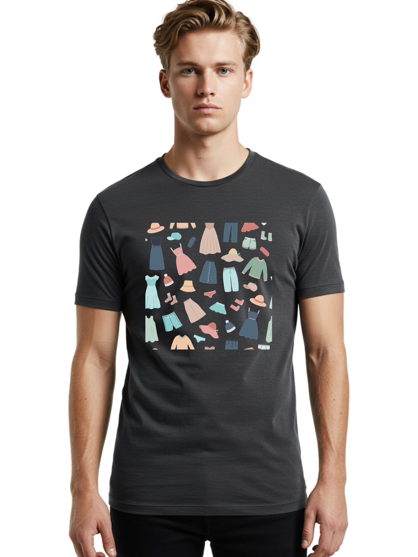 Fashion-Clothing Men'S Graphic Tee, 100% Cotton, Comfortable Casual Summer Wear, Machine Washable, Assorted Clothing Items, Pastel Colors, Fashion Accessories, Hats, Dresses, Tops, Pants, Shorts, Shoes, Casual Wear, Relaxed Fit, Aac031