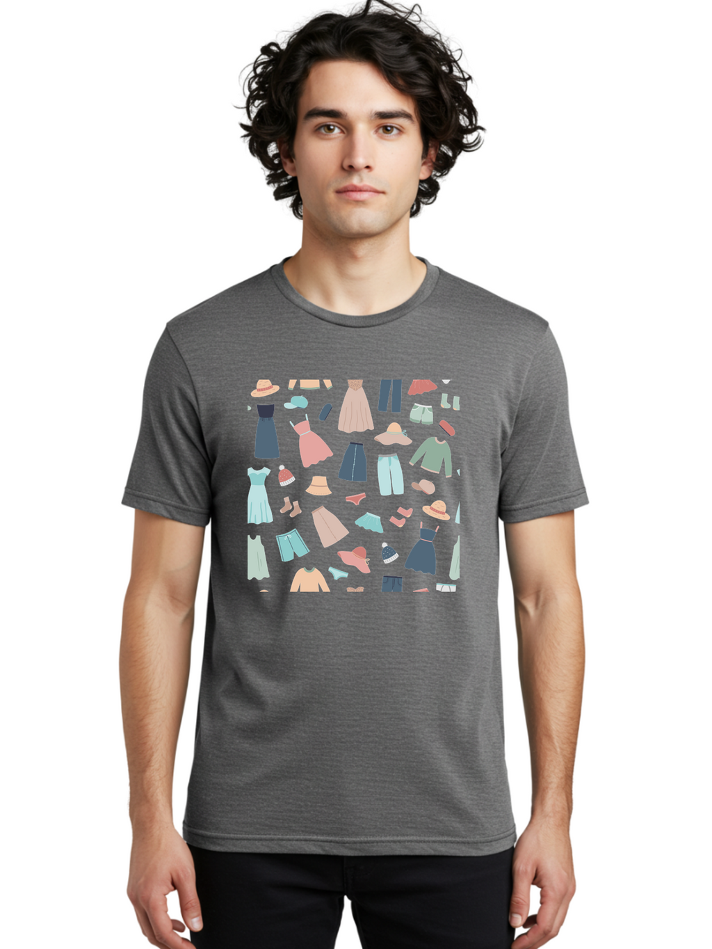 Fashion-Clothing Men'S Graphic Tee, 100% Cotton, Comfortable Casual Summer Wear, Machine Washable, Assorted Clothing Items, Pastel Colors, Fashion Accessories, Hats, Dresses, Tops, Pants, Shorts, Shoes, Casual Wear, Relaxed Fit, Aac031