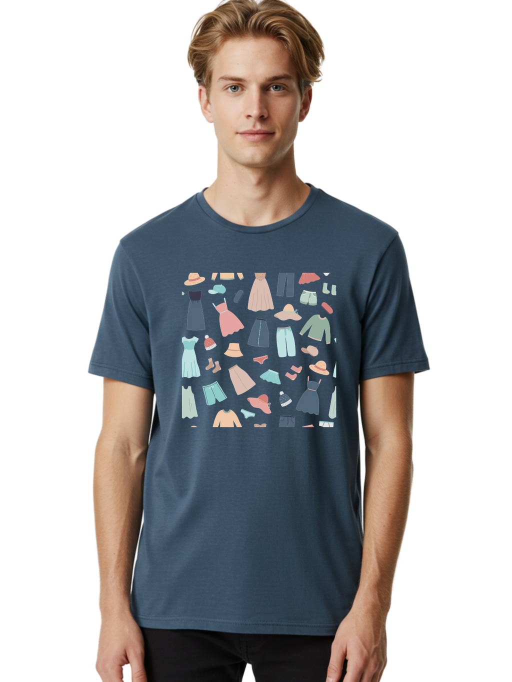 Fashion-Clothing Men'S Graphic Tee, 100% Cotton, Comfortable Casual Summer Wear, Machine Washable, Assorted Clothing Items, Pastel Colors, Fashion Accessories, Hats, Dresses, Tops, Pants, Shorts, Shoes, Casual Wear, Relaxed Fit, Aac031