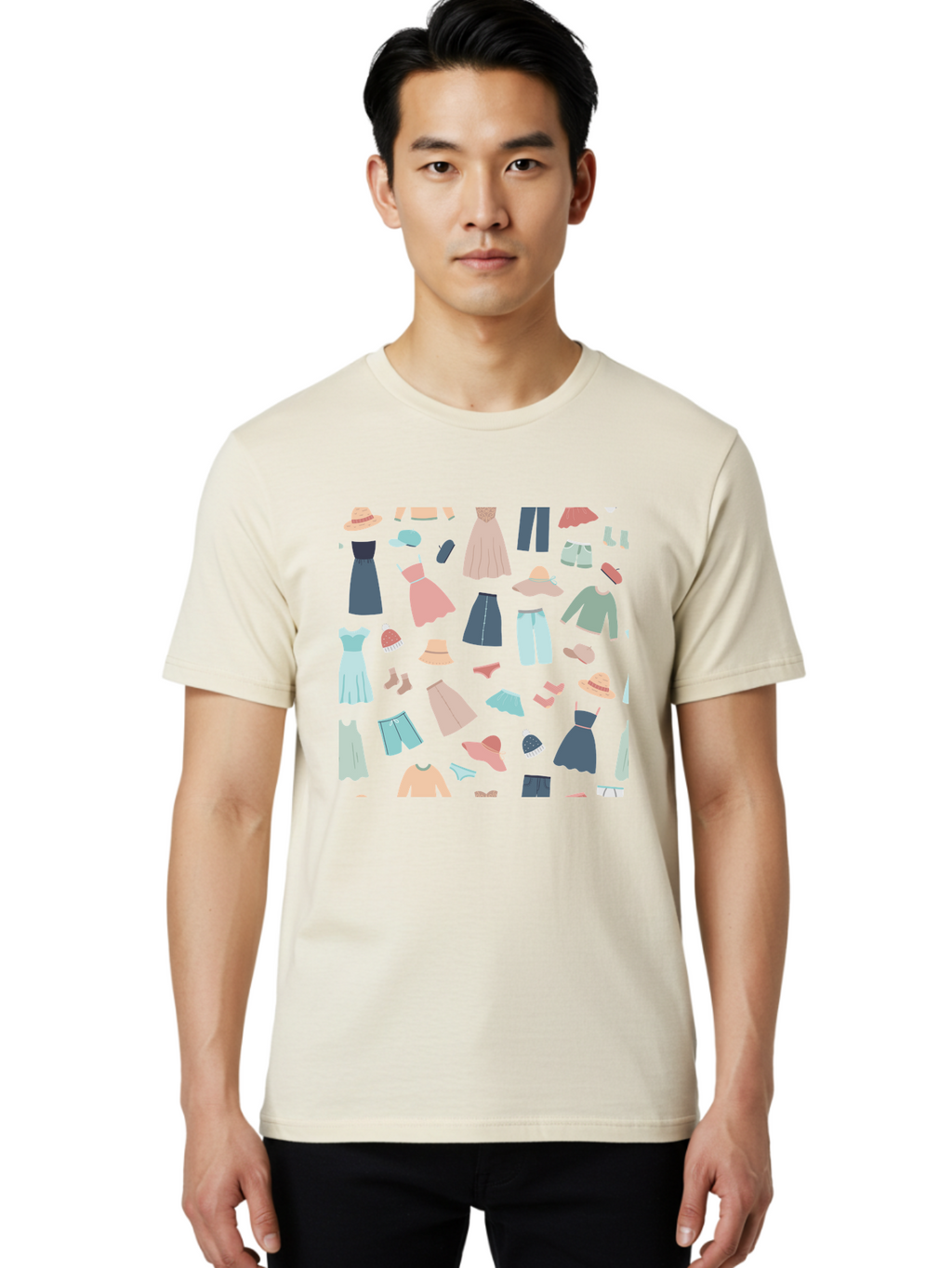 Fashion-Clothing Men'S Graphic Tee, 100% Cotton, Comfortable Casual Summer Wear, Machine Washable, Assorted Clothing Items, Pastel Colors, Fashion Accessories, Hats, Dresses, Tops, Pants, Shorts, Shoes, Casual Wear, Relaxed Fit, Aac031