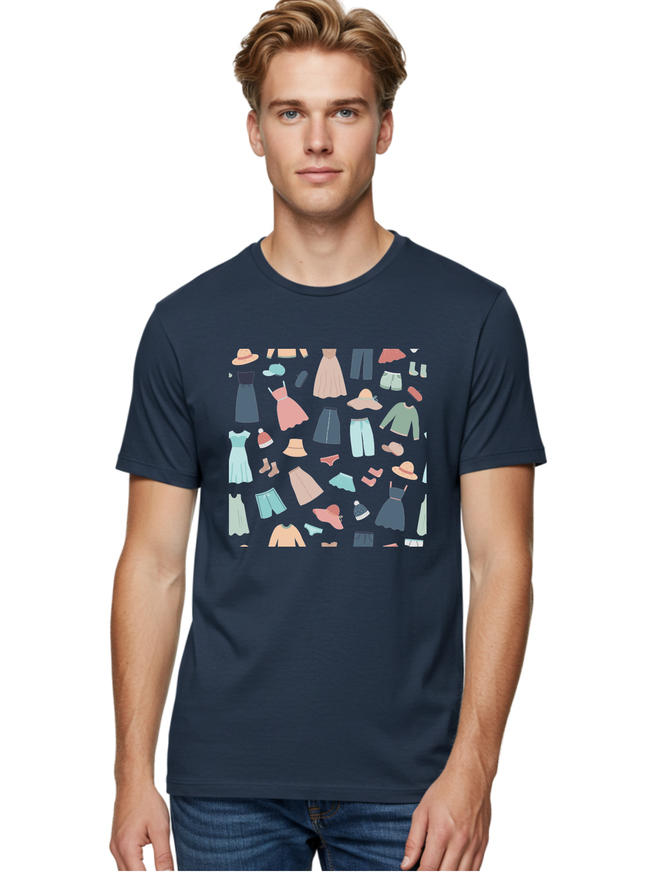 Fashion-Clothing Men'S Graphic Tee, 100% Cotton, Comfortable Casual Summer Wear, Machine Washable, Assorted Clothing Items, Pastel Colors, Fashion Accessories, Hats, Dresses, Tops, Pants, Shorts, Shoes, Casual Wear, Relaxed Fit, Aac031