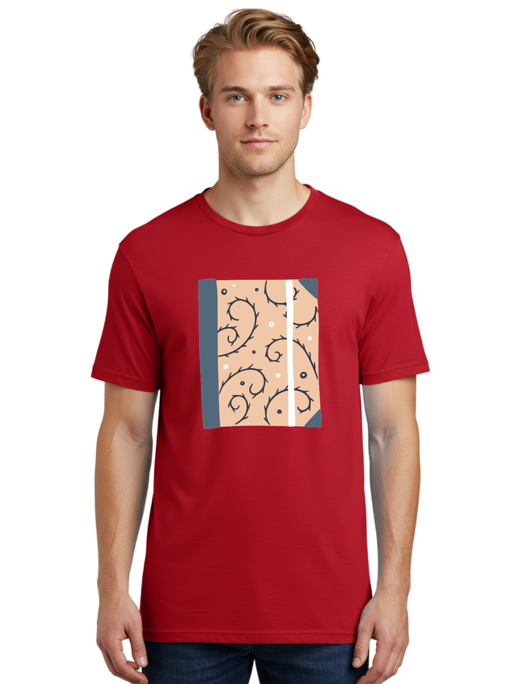 Fish-Pattern-Book Men'S Graphic Tee, 100% Cotton, Comfortable Casual Summer Wear, Machine Washable, Notebook, Journal, Fish Pattern, Peach Background, Blue Binding, Creative Design, Stationery, School Supplies, Organization Tools, Writing Pad, Aac032