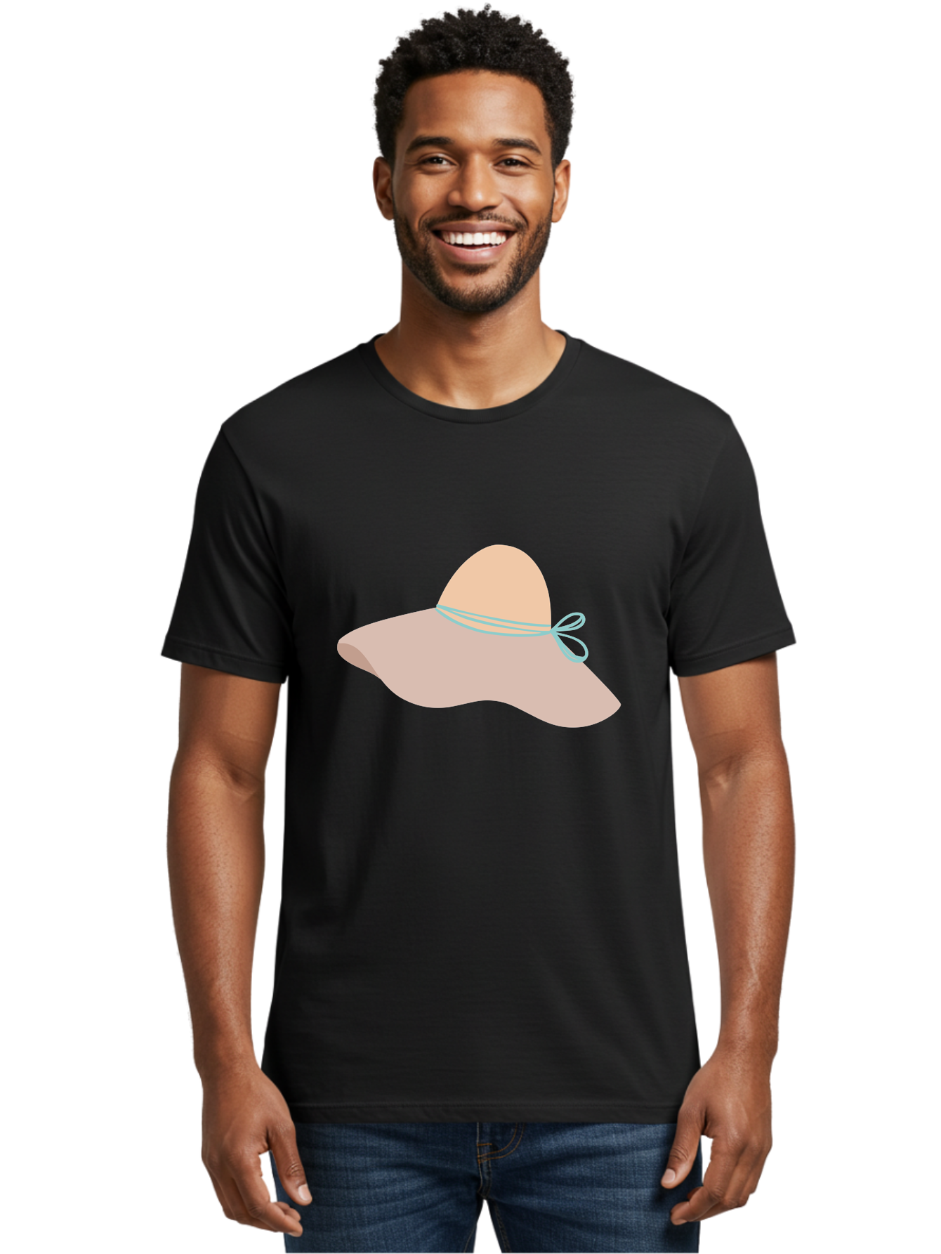 Floppy-Hat Men'S Graphic Tee, 100% Cotton, Comfortable Casual Summer Wear, Machine Washable, Summer Hat, Beach Hat, Sun Protection, Stylish Accessory, Fashion Statement, Pink Color, Blue Ribbon, Elegant Design, Women'S Fashion, Warm Weather Aac034