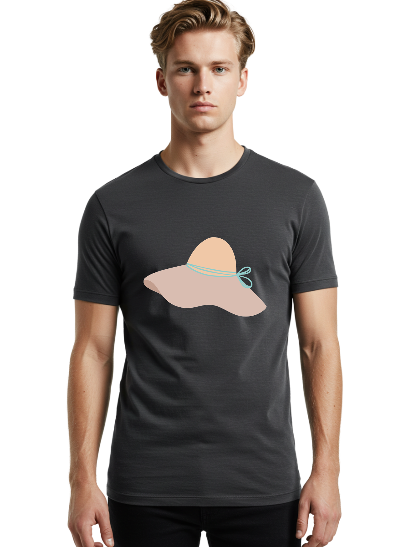 Floppy-Hat Men'S Graphic Tee, 100% Cotton, Comfortable Casual Summer Wear, Machine Washable, Summer Hat, Beach Hat, Sun Protection, Stylish Accessory, Fashion Statement, Pink Color, Blue Ribbon, Elegant Design, Women'S Fashion, Warm Weather Aac034