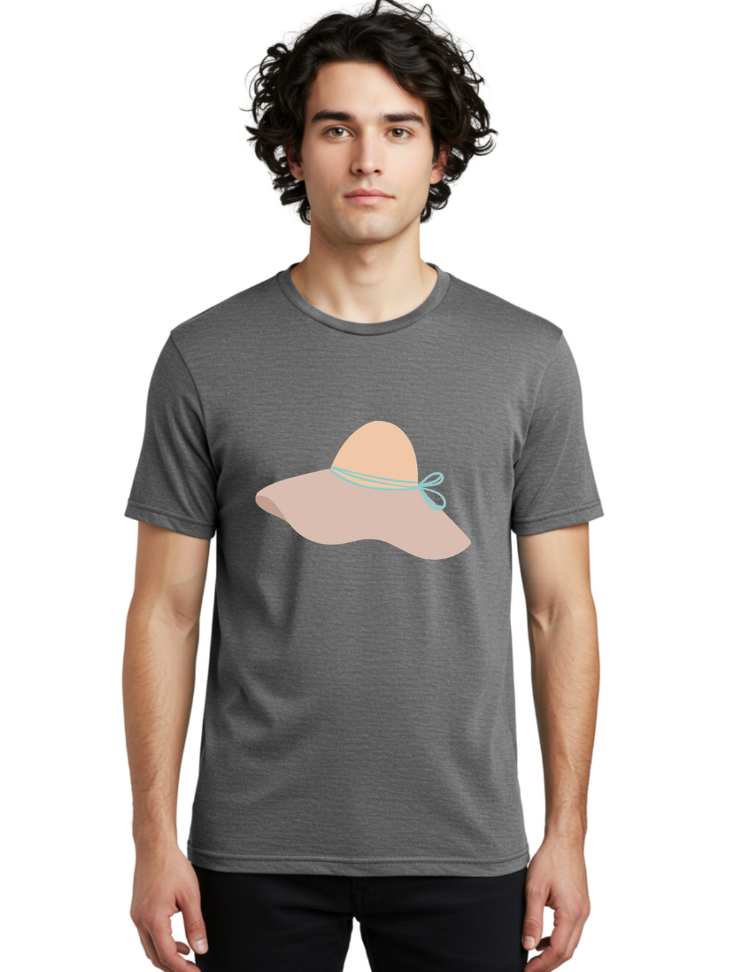 Floppy-Hat Men'S Graphic Tee, 100% Cotton, Comfortable Casual Summer Wear, Machine Washable, Summer Hat, Beach Hat, Sun Protection, Stylish Accessory, Fashion Statement, Pink Color, Blue Ribbon, Elegant Design, Women'S Fashion, Warm Weather Aac034