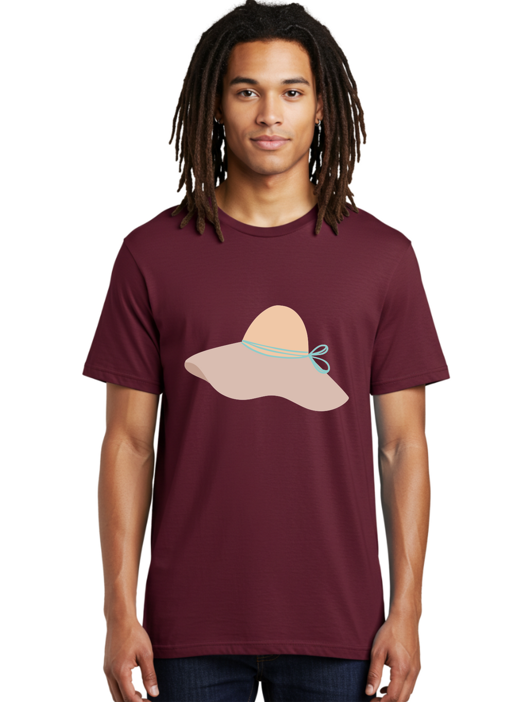 Floppy-Hat Men'S Graphic Tee, 100% Cotton, Comfortable Casual Summer Wear, Machine Washable, Summer Hat, Beach Hat, Sun Protection, Stylish Accessory, Fashion Statement, Pink Color, Blue Ribbon, Elegant Design, Women'S Fashion, Warm Weather Aac034