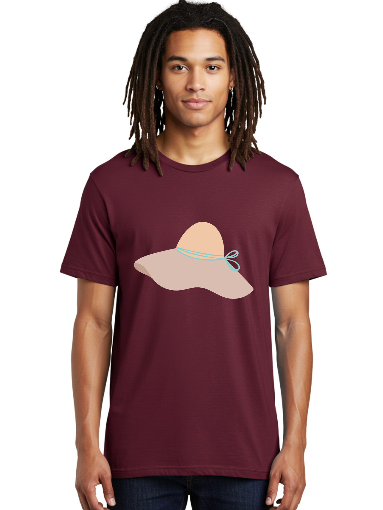 Floppy-Hat Men'S Graphic Tee, 100% Cotton, Comfortable Casual Summer Wear, Machine Washable, Summer Hat, Beach Hat, Sun Protection, Stylish Accessory, Fashion Statement, Pink Color, Blue Ribbon, Elegant Design, Women'S Fashion, Warm Weather Aac034