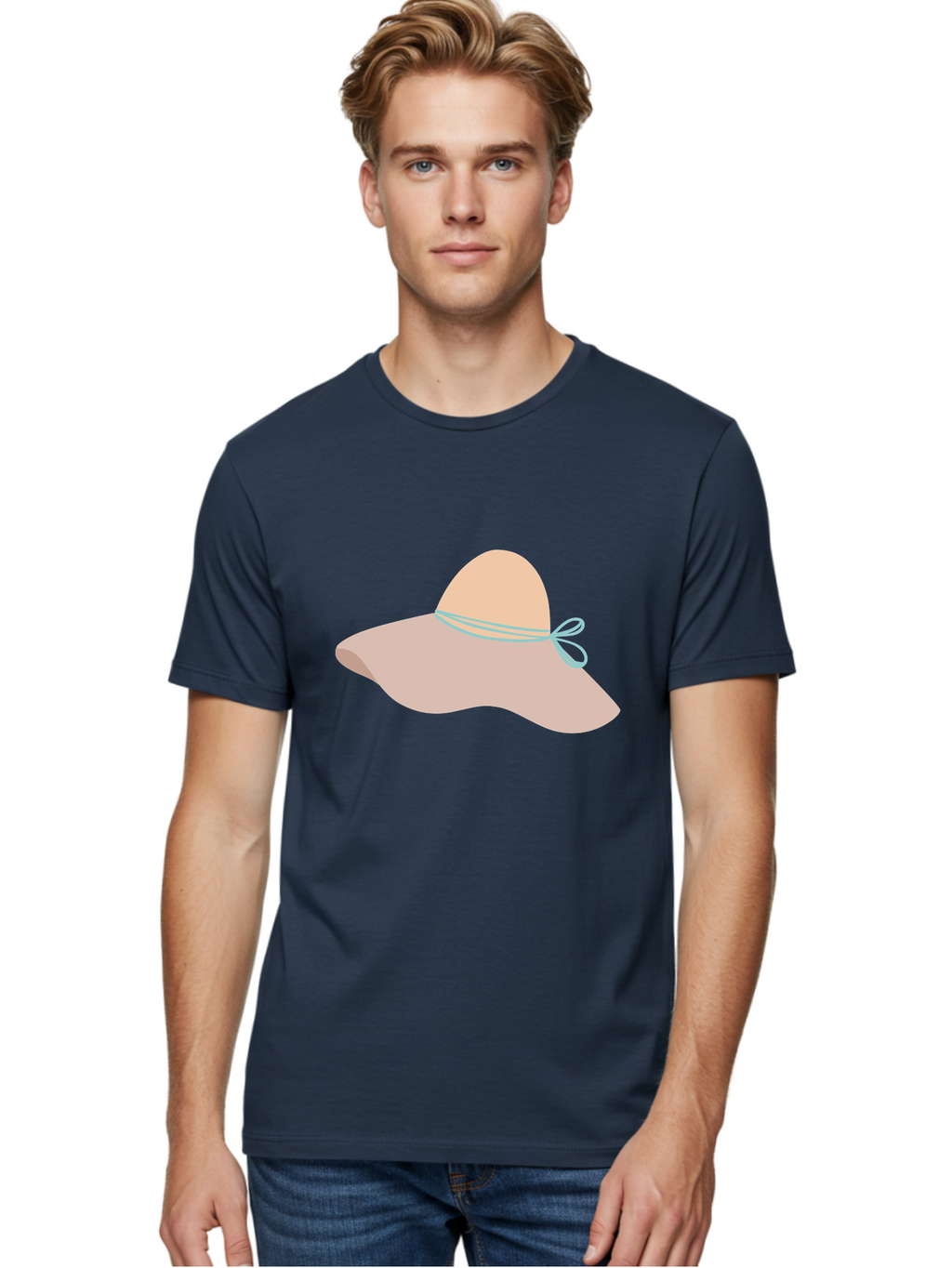 Floppy-Hat Men'S Graphic Tee, 100% Cotton, Comfortable Casual Summer Wear, Machine Washable, Summer Hat, Beach Hat, Sun Protection, Stylish Accessory, Fashion Statement, Pink Color, Blue Ribbon, Elegant Design, Women'S Fashion, Warm Weather Aac034