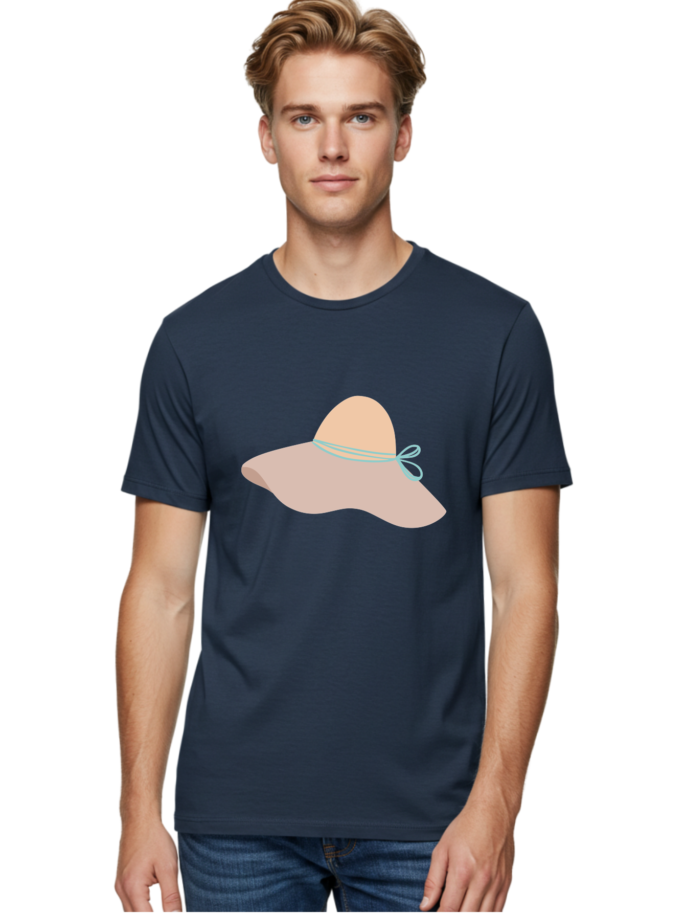 Floppy-Hat Men'S Graphic Tee, 100% Cotton, Comfortable Casual Summer Wear, Machine Washable, Summer Hat, Beach Hat, Sun Protection, Stylish Accessory, Fashion Statement, Pink Color, Blue Ribbon, Elegant Design, Women'S Fashion, Warm Weather Aac034