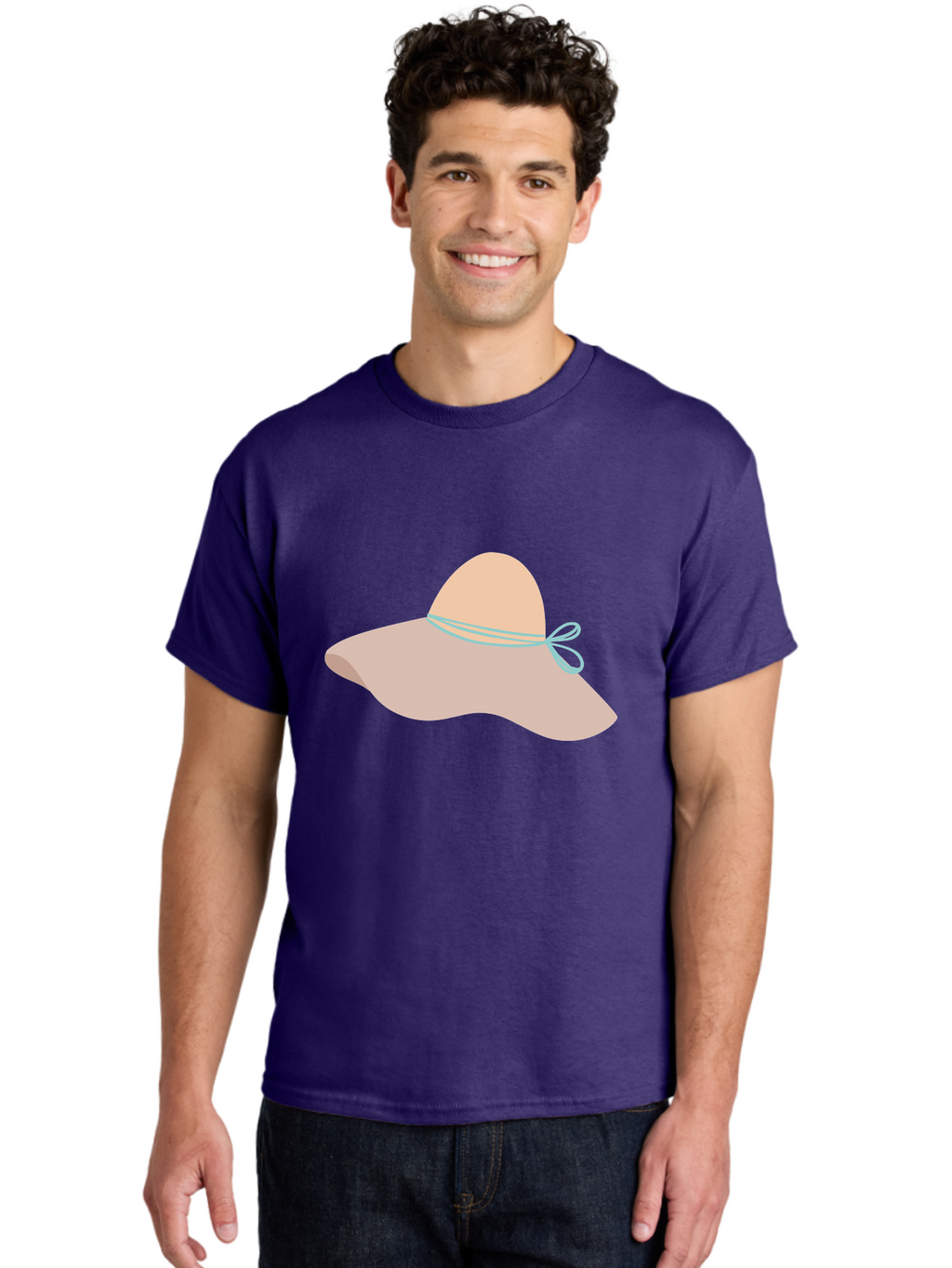 Floppy-Hat Men'S Graphic Tee, 100% Cotton, Comfortable Casual Summer Wear, Machine Washable, Summer Hat, Beach Hat, Sun Protection, Stylish Accessory, Fashion Statement, Pink Color, Blue Ribbon, Elegant Design, Women'S Fashion, Warm Weather Aac034