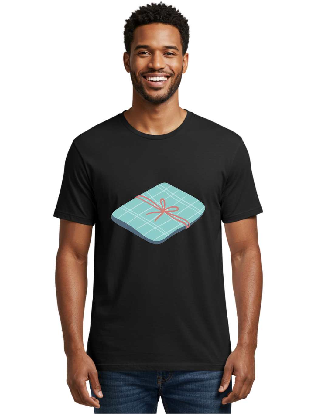 Gift-Box Men'S Graphic Tee, 100% Cotton, Comfortable Casual Summer Wear, Machine Washable, Wrapped Gift, Plaid Pattern, Red Ribbon, Bow, Present, Gift Idea, Celebration, Festive, Occasion, Special Day, Packaging Aac037