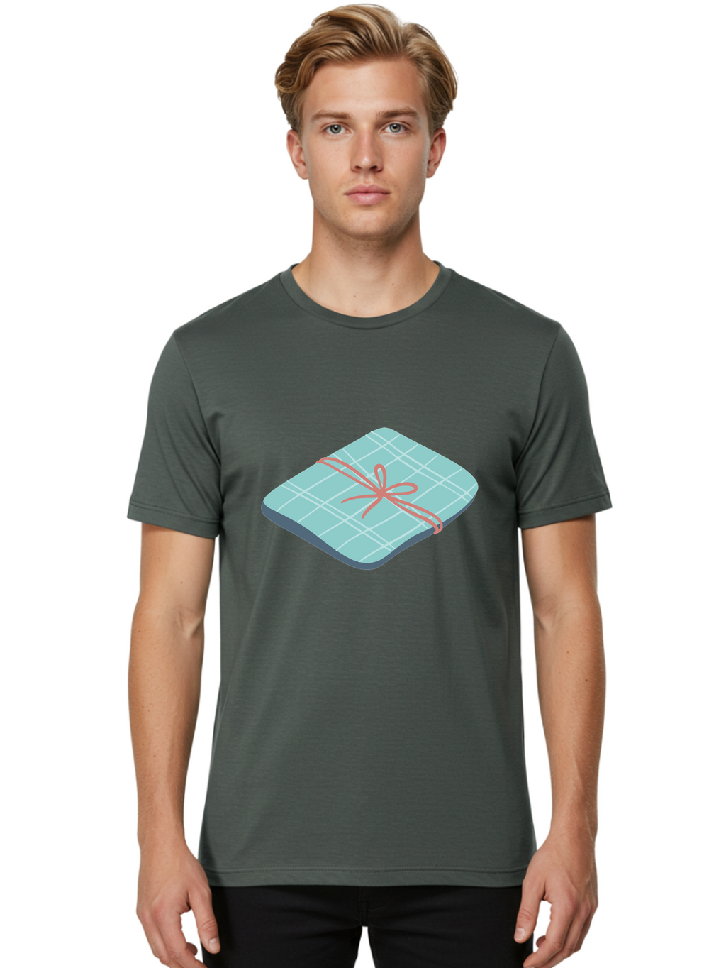 Gift-Box Men'S Graphic Tee, 100% Cotton, Comfortable Casual Summer Wear, Machine Washable, Wrapped Gift, Plaid Pattern, Red Ribbon, Bow, Present, Gift Idea, Celebration, Festive, Occasion, Special Day, Packaging Aac037