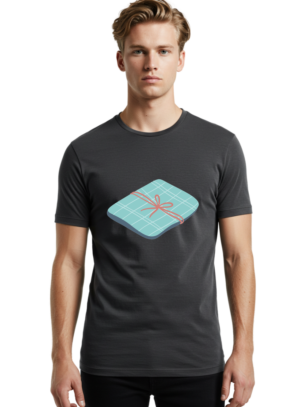 Gift-Box Men'S Graphic Tee, 100% Cotton, Comfortable Casual Summer Wear, Machine Washable, Wrapped Gift, Plaid Pattern, Red Ribbon, Bow, Present, Gift Idea, Celebration, Festive, Occasion, Special Day, Packaging Aac037