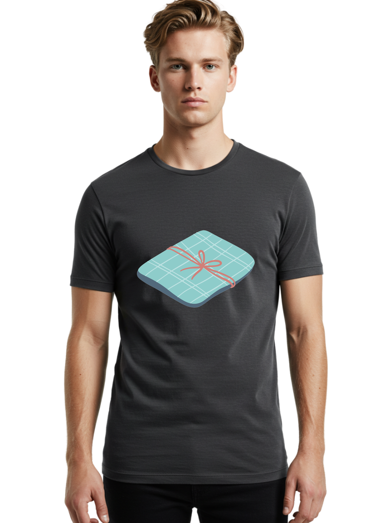 Gift-Box Men'S Graphic Tee, 100% Cotton, Comfortable Casual Summer Wear, Machine Washable, Wrapped Gift, Plaid Pattern, Red Ribbon, Bow, Present, Gift Idea, Celebration, Festive, Occasion, Special Day, Packaging Aac037