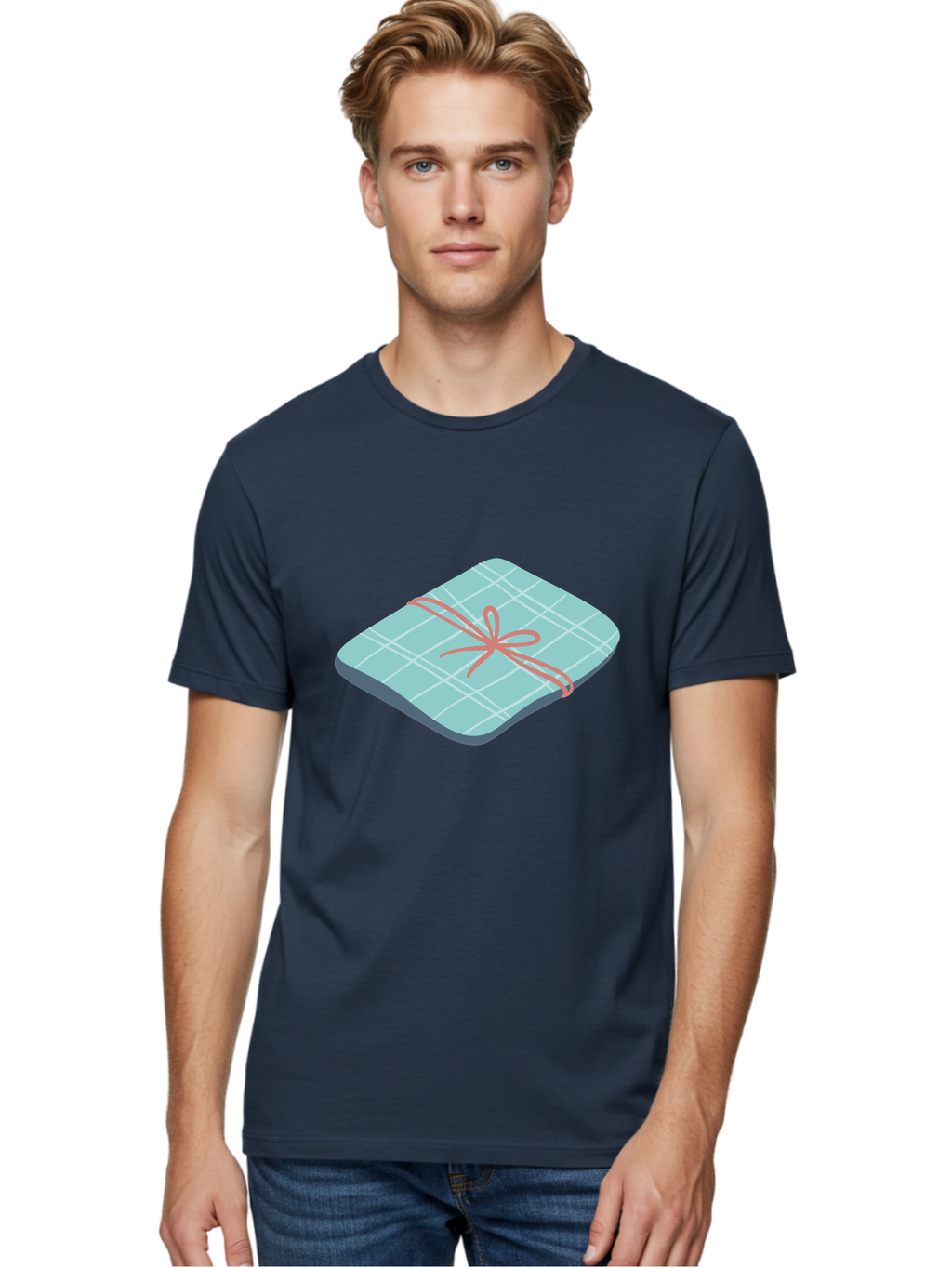 Gift-Box Men'S Graphic Tee, 100% Cotton, Comfortable Casual Summer Wear, Machine Washable, Wrapped Gift, Plaid Pattern, Red Ribbon, Bow, Present, Gift Idea, Celebration, Festive, Occasion, Special Day, Packaging Aac037