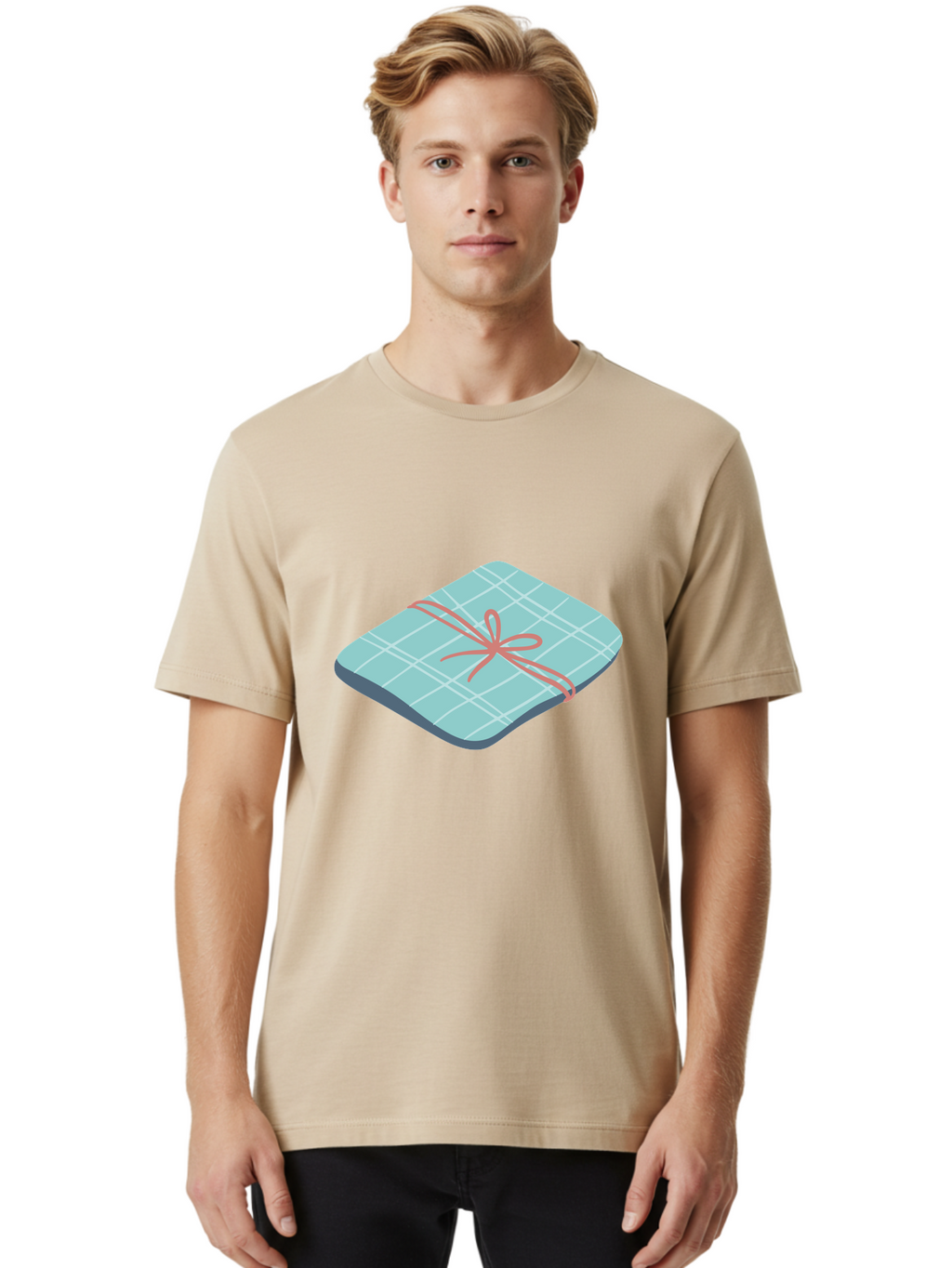 Gift-Box Men'S Graphic Tee, 100% Cotton, Comfortable Casual Summer Wear, Machine Washable, Wrapped Gift, Plaid Pattern, Red Ribbon, Bow, Present, Gift Idea, Celebration, Festive, Occasion, Special Day, Packaging Aac037