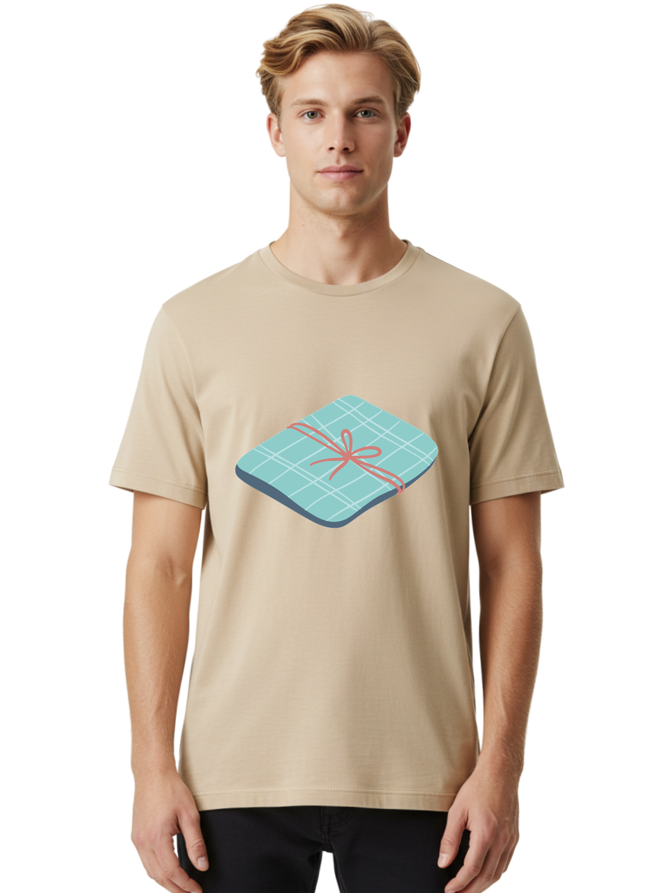 Gift-Box Men'S Graphic Tee, 100% Cotton, Comfortable Casual Summer Wear, Machine Washable, Wrapped Gift, Plaid Pattern, Red Ribbon, Bow, Present, Gift Idea, Celebration, Festive, Occasion, Special Day, Packaging Aac037