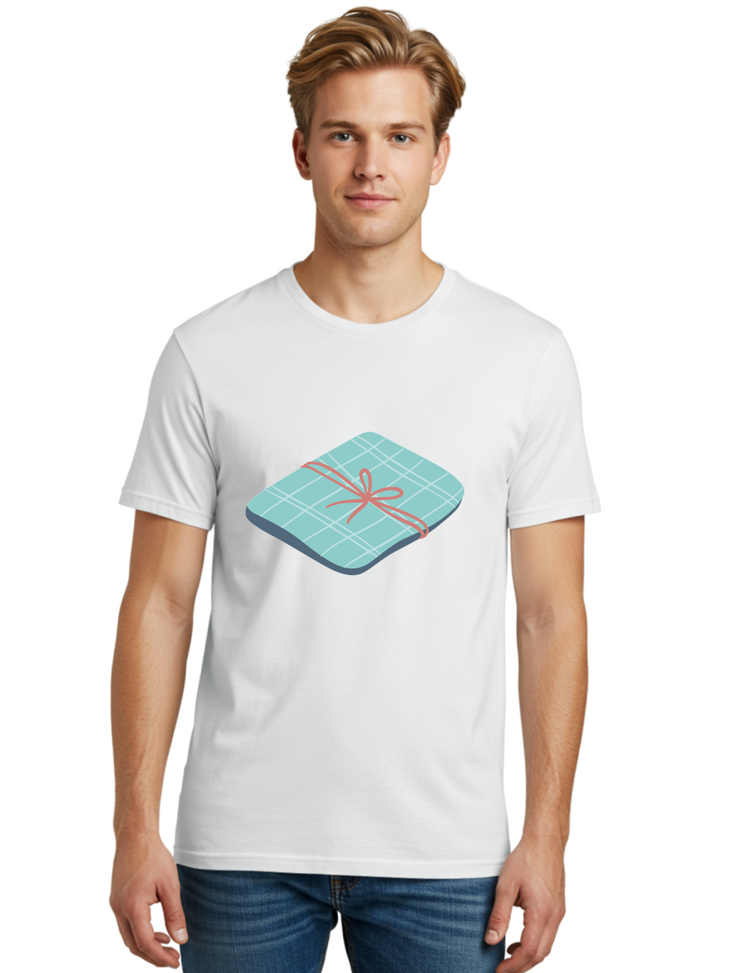Gift-Box Men'S Graphic Tee, 100% Cotton, Comfortable Casual Summer Wear, Machine Washable, Wrapped Gift, Plaid Pattern, Red Ribbon, Bow, Present, Gift Idea, Celebration, Festive, Occasion, Special Day, Packaging Aac037
