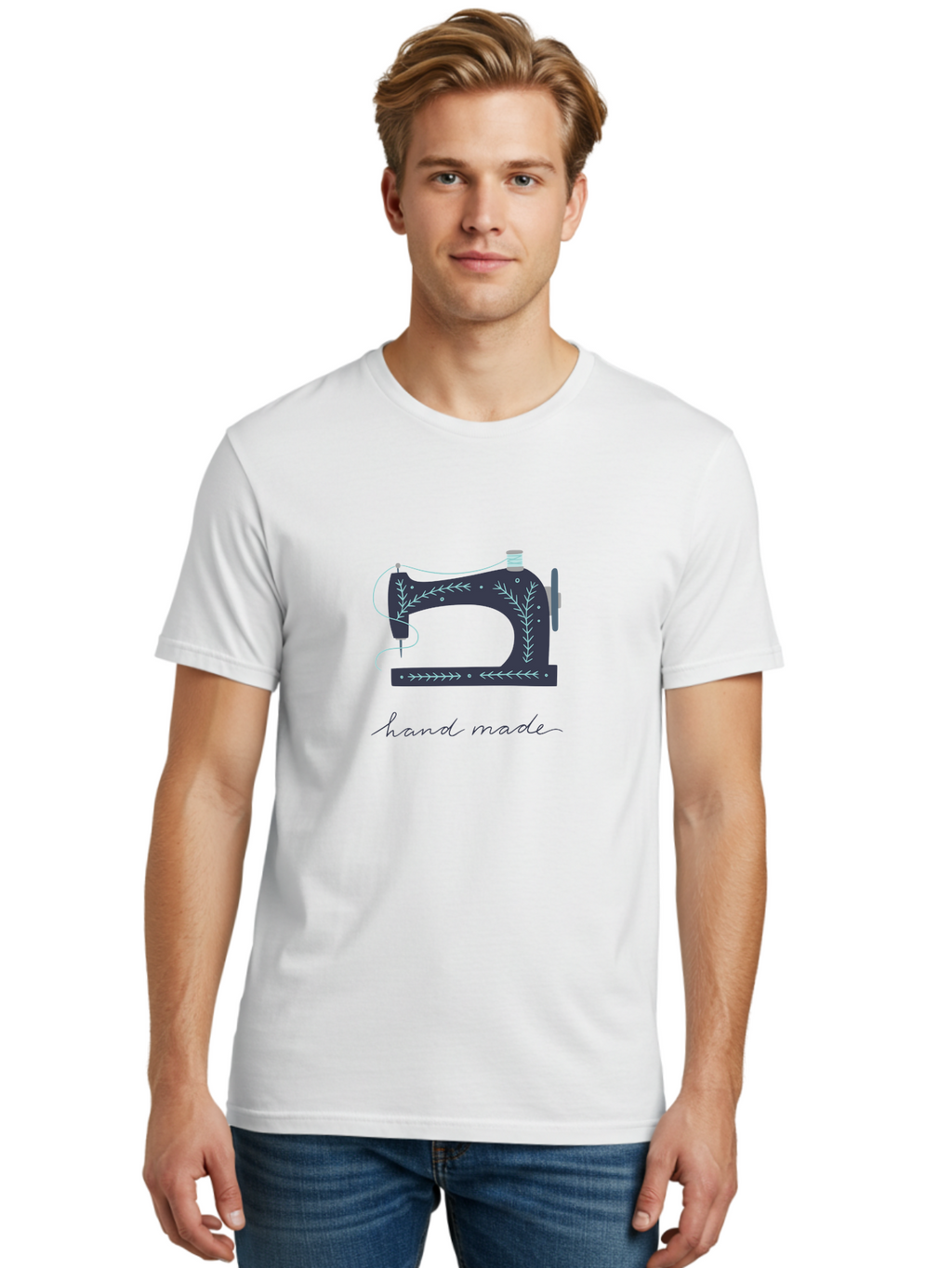 Hand-Made-1 Men'S Graphic Tee, 100% Cotton, Comfortable Casual Summer Wear, Machine Washable, Sewing Machine With Floral Patterns, Handmade Crafts, Diy Fashion, Textile Art, Creative Stitching, Thread Work, Needle And Thread, Aac042