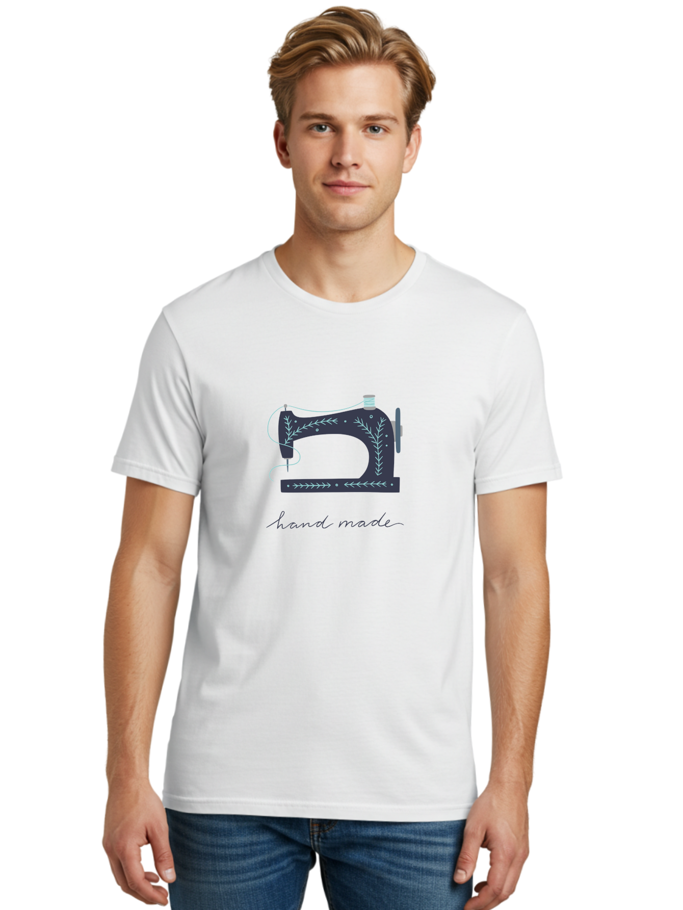 Hand-Made-1 Men'S Graphic Tee, 100% Cotton, Comfortable Casual Summer Wear, Machine Washable, Sewing Machine With Floral Patterns, Handmade Crafts, Diy Fashion, Textile Art, Creative Stitching, Thread Work, Needle And Thread, Aac042