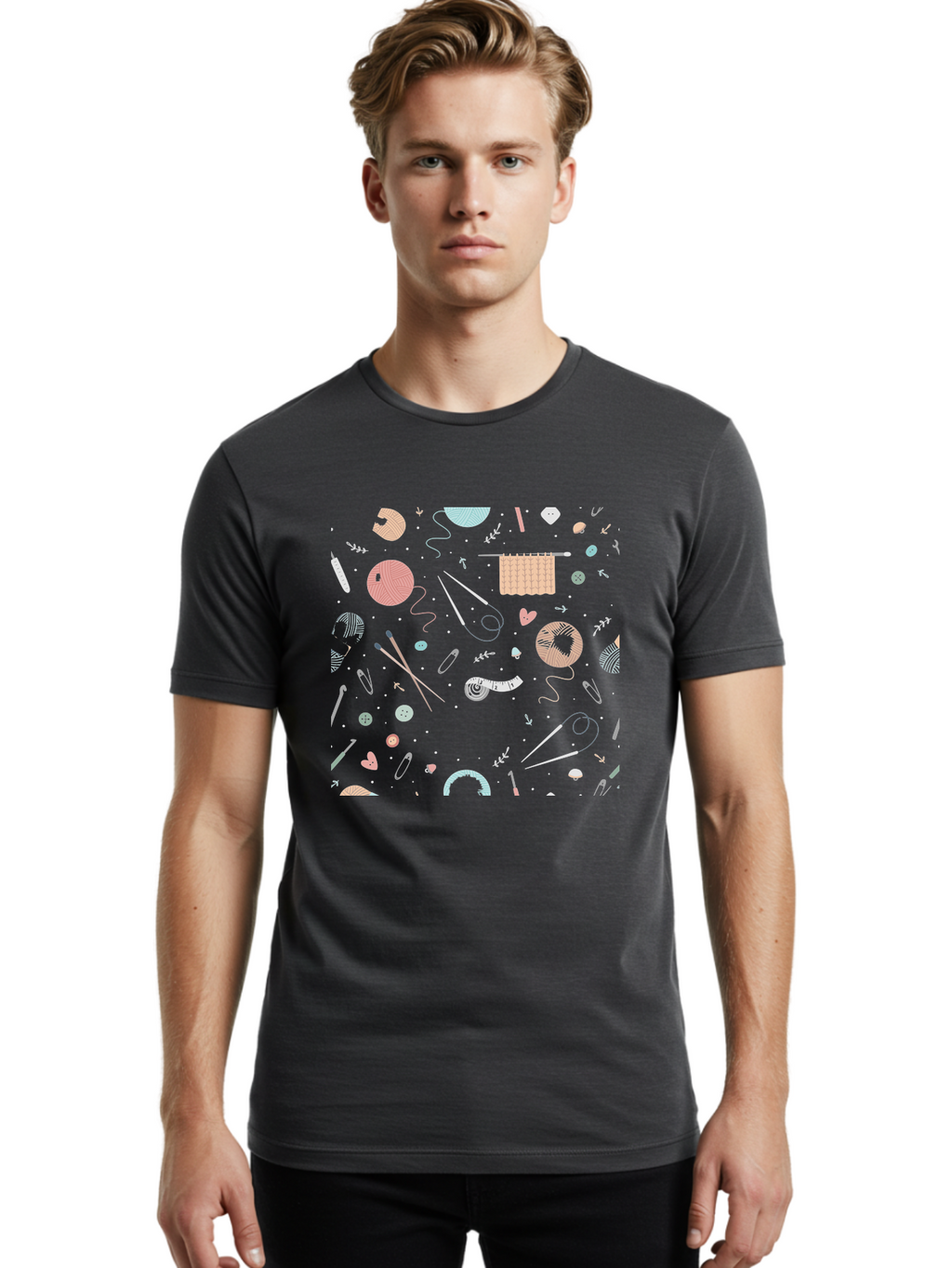 Knit-Pattern Men'S Graphic Tee, 100% Cotton, Comfortable Casual Summer Wear, Machine Washable, Knitting Accessories, Yarn Balls, Knitting Needles, Sewing Buttons, Knitted Fabric, Craft Supplies, Pastel Colors, Dark Blue Background, Aac049