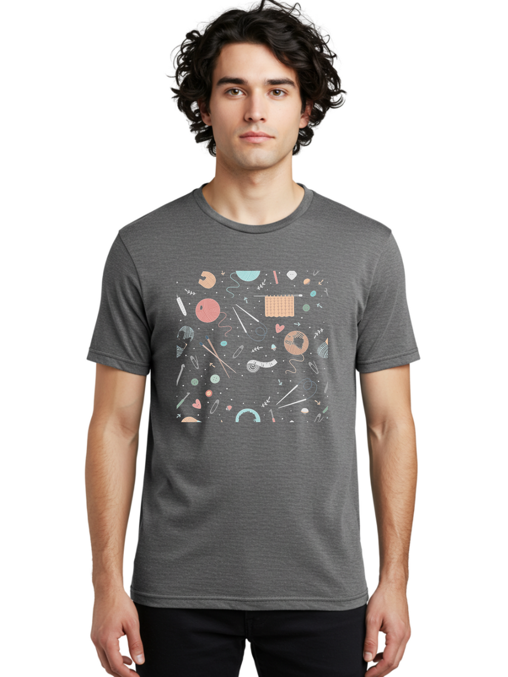 Knit-Pattern Men'S Graphic Tee, 100% Cotton, Comfortable Casual Summer Wear, Machine Washable, Knitting Accessories, Yarn Balls, Knitting Needles, Sewing Buttons, Knitted Fabric, Craft Supplies, Pastel Colors, Dark Blue Background, Aac049