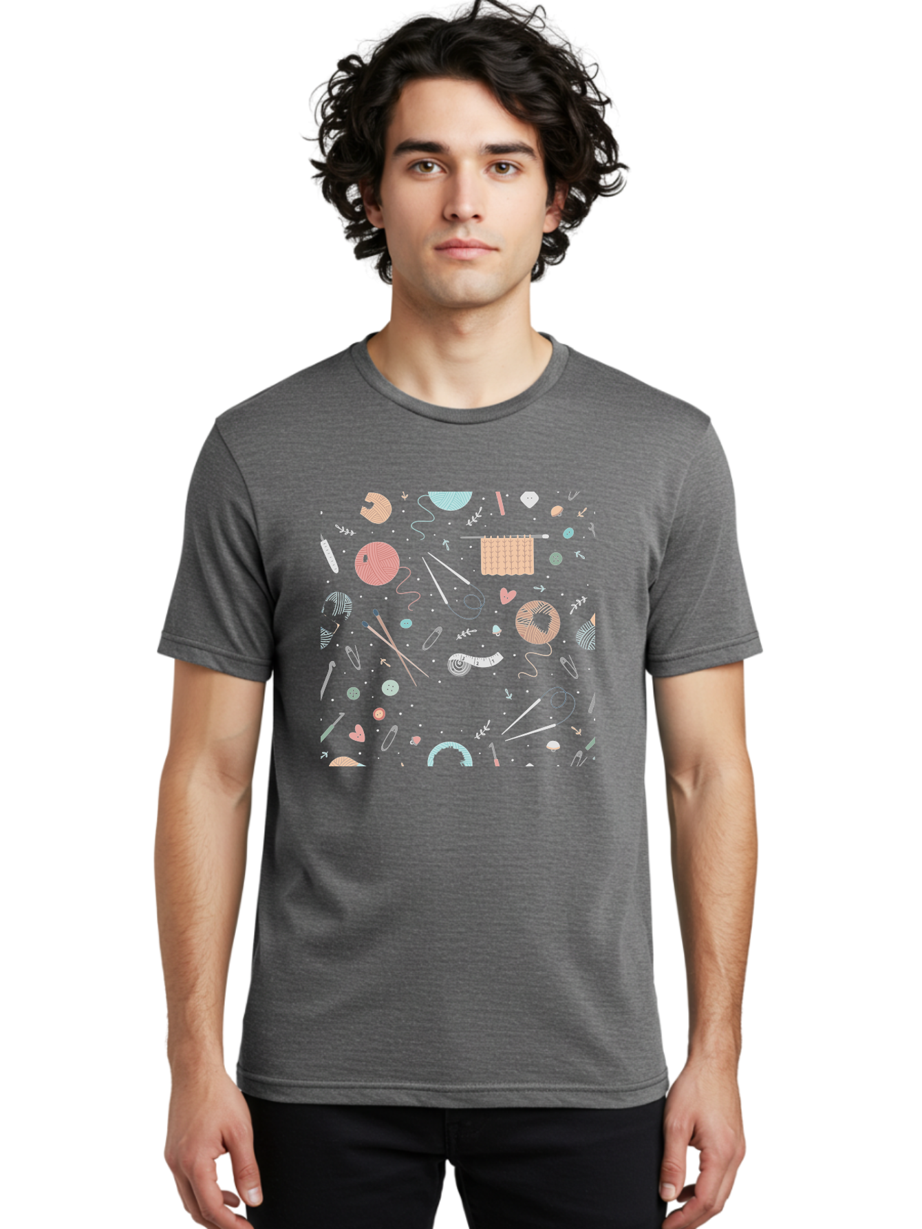 Knit-Pattern Men'S Graphic Tee, 100% Cotton, Comfortable Casual Summer Wear, Machine Washable, Knitting Accessories, Yarn Balls, Knitting Needles, Sewing Buttons, Knitted Fabric, Craft Supplies, Pastel Colors, Dark Blue Background, Aac049