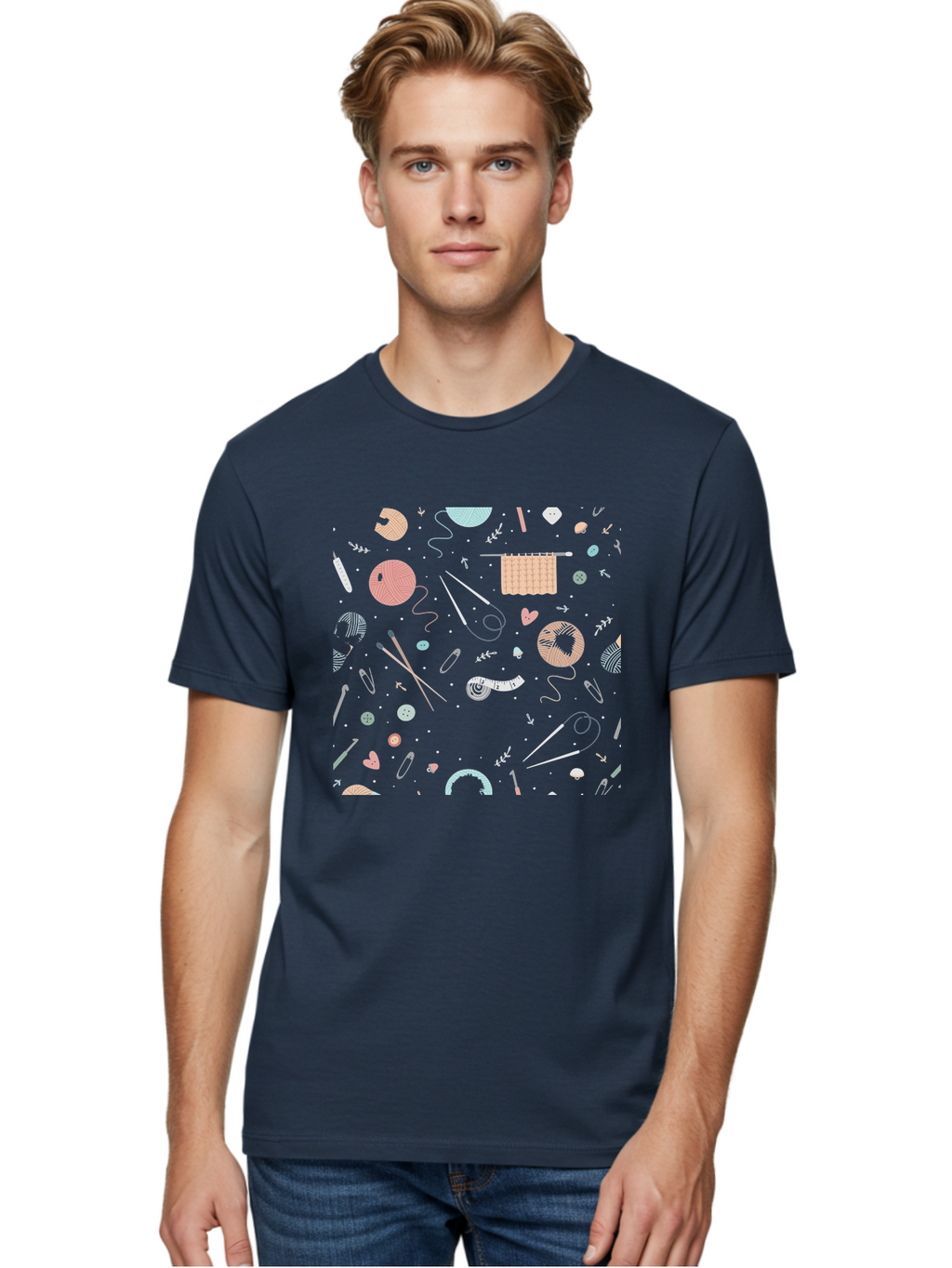 Knit-Pattern Men'S Graphic Tee, 100% Cotton, Comfortable Casual Summer Wear, Machine Washable, Knitting Accessories, Yarn Balls, Knitting Needles, Sewing Buttons, Knitted Fabric, Craft Supplies, Pastel Colors, Dark Blue Background, Aac049