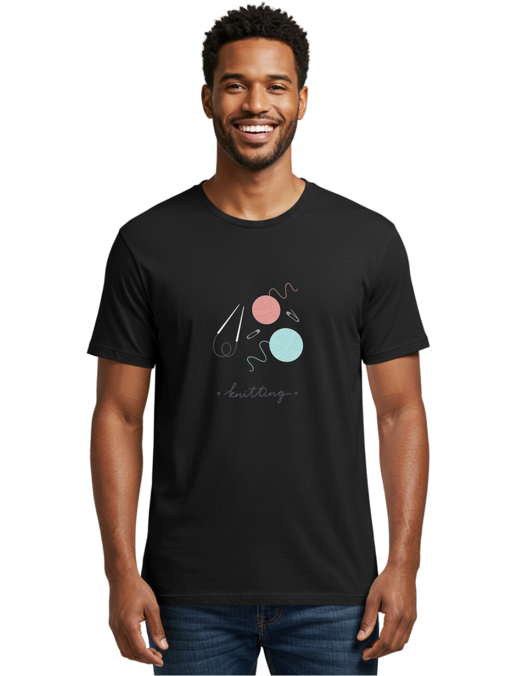 Knitting-1 Men'S Graphic Tee, 100% Cotton, Comfortable Casual Summer Wear, Machine Washable, Knitting Needles, Balls Of Yarn, Pastel Colors, Crafting, Handmade, Knitting Accessories, Hobby, Creative, Yarn Balls, Knitting Tools Aac050