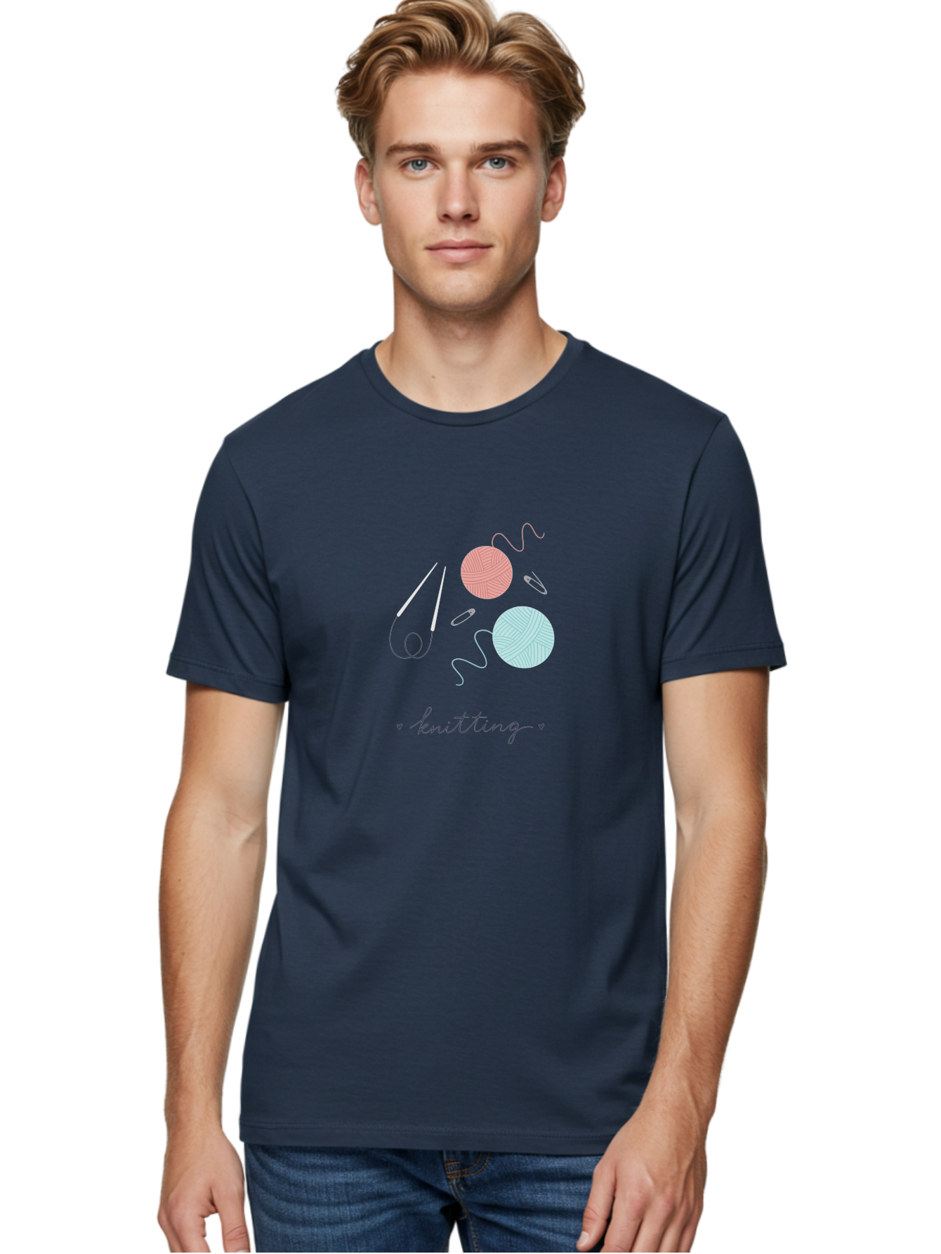 Knitting-1 Men'S Graphic Tee, 100% Cotton, Comfortable Casual Summer Wear, Machine Washable, Knitting Needles, Balls Of Yarn, Pastel Colors, Crafting, Handmade, Knitting Accessories, Hobby, Creative, Yarn Balls, Knitting Tools Aac050