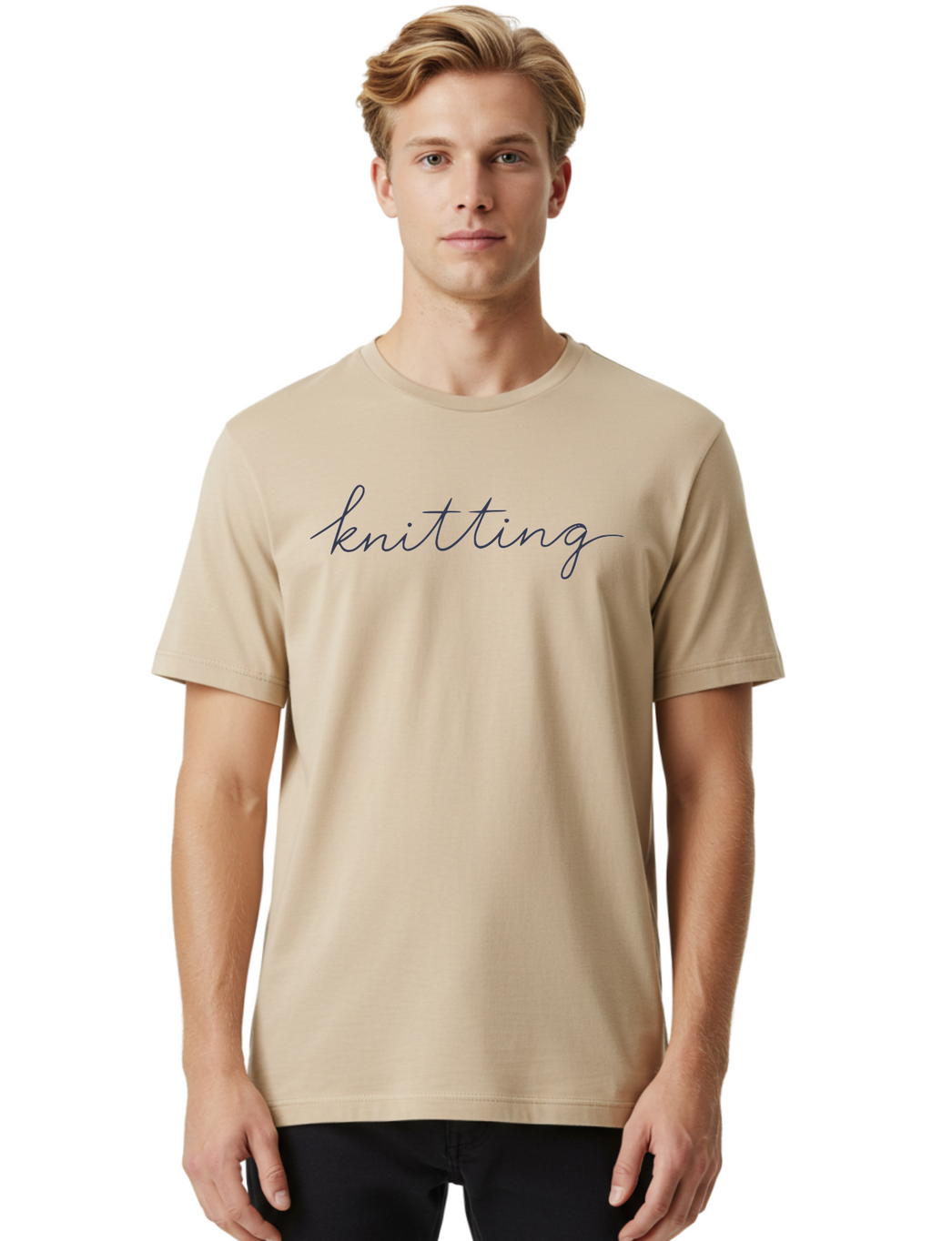 Knitting Men'S Graphic Tee, 100% Cotton, Comfortable Casual Summer Wear, Machine Washable, Knitting Text, Cursive Script, Dark Blue Lettering, Textile Art, Handmade Crafts, Yarn Work, Knitting Hobby Aac052