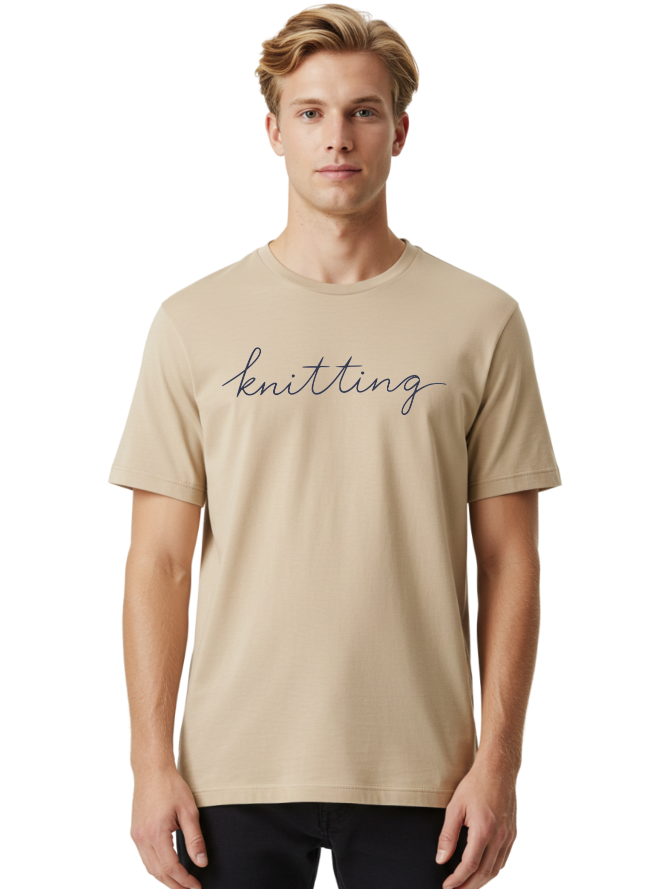 Knitting Men'S Graphic Tee, 100% Cotton, Comfortable Casual Summer Wear, Machine Washable, Knitting Text, Cursive Script, Dark Blue Lettering, Textile Art, Handmade Crafts, Yarn Work, Knitting Hobby Aac052