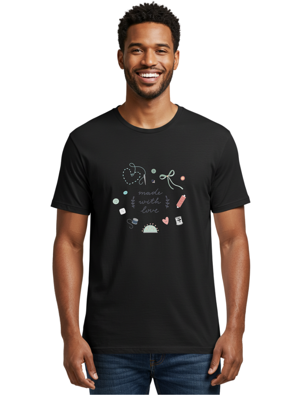 Made-With-Love-2 Men'S Graphic Tee, 100% Cotton, Comfortable Casual Summer Wear, Machine Washable, Sewing, Crafting, Handmade, Needlework, Sewing Accessories, Thread, Buttons, Bobbins, Scissors, Heart, Diy, Handcrafted, Embroidery, Aac055