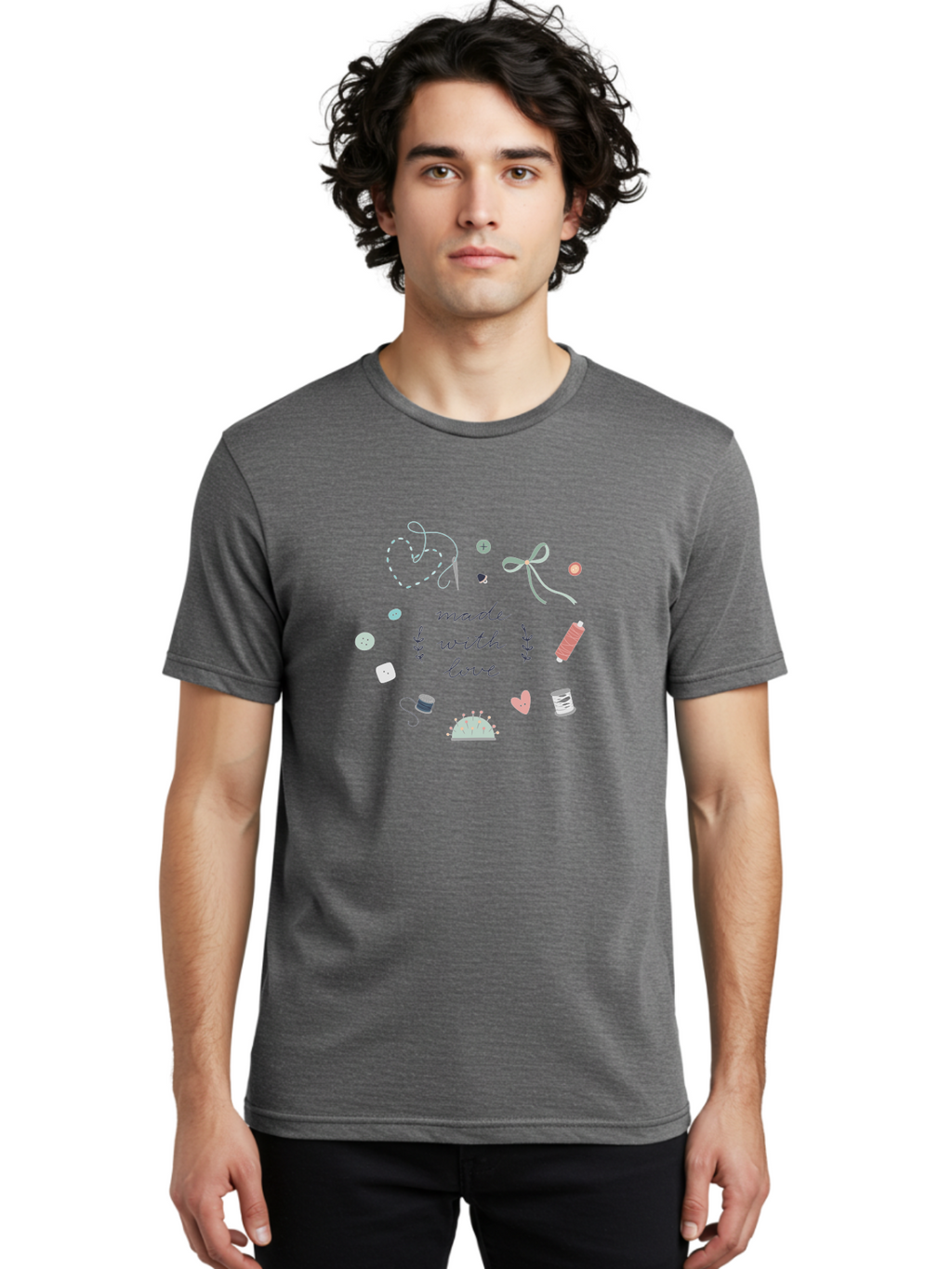 Made-With-Love-2 Men'S Graphic Tee, 100% Cotton, Comfortable Casual Summer Wear, Machine Washable, Sewing, Crafting, Handmade, Needlework, Sewing Accessories, Thread, Buttons, Bobbins, Scissors, Heart, Diy, Handcrafted, Embroidery, Aac055
