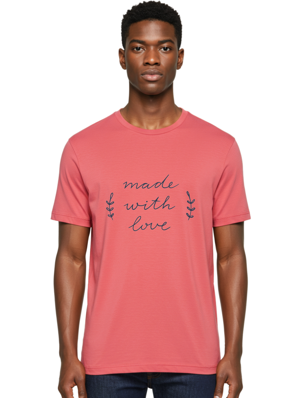 Made-With-Love Men'S Graphic Tee, 100% Cotton, Comfortable Casual Summer Wear, Machine Washable, Handwritten Typography, Love Message, Decorative Elements, Floral Motifs, Heartwarming Quote, Craftsmanship, Handmade Label Aac056